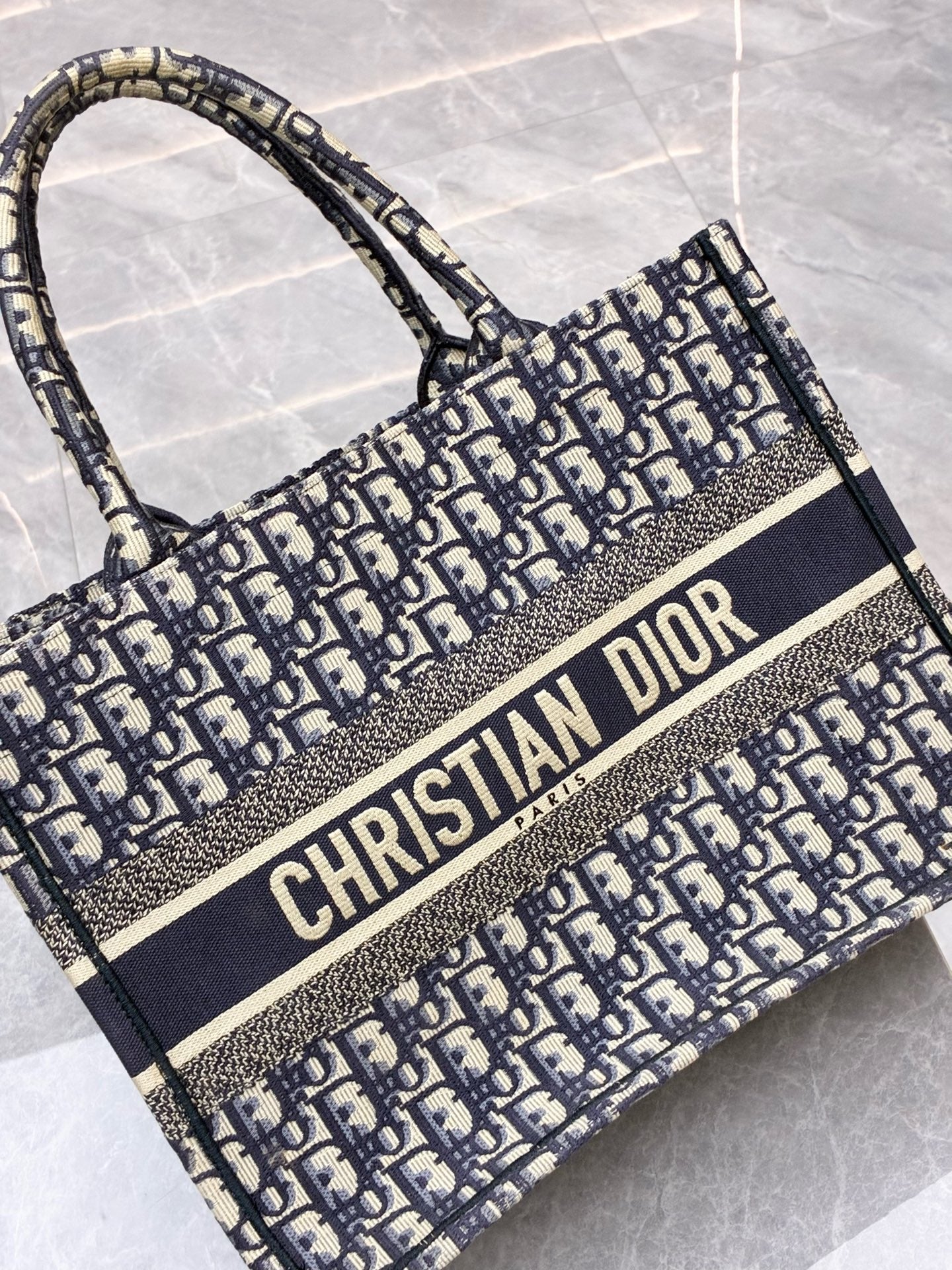 DIOR Book Tote Small – Ecru & Blue Oblique Embroidered Canvas, Reference M1296ZRIW_M928, Pre-Owned