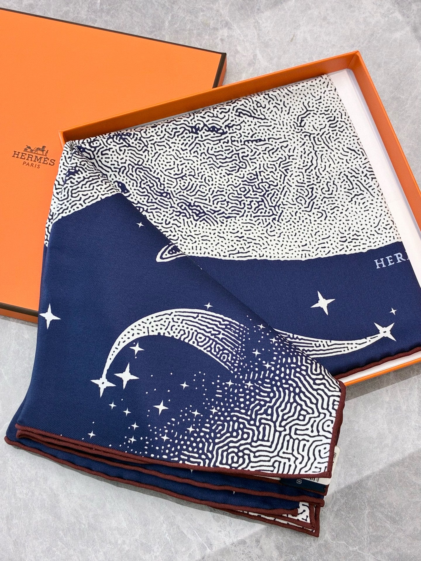 HERMÈS Carré 70 Silk Twill Scarf – Clair de Lune Pegasus, Deep Blue, 70 × 70 cm, Brand New