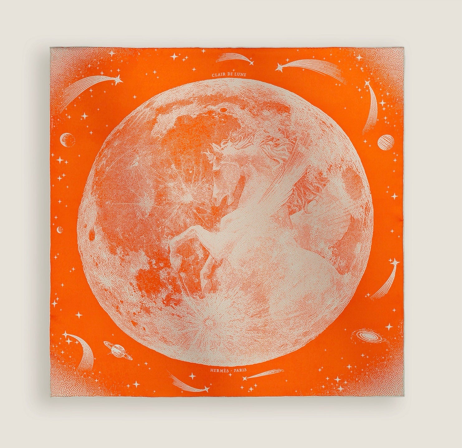 HERMÈS Carré 70 Silk Twill Scarf – Clair de Lune Pegasus, Orange, 70 × 70 cm, Brand New