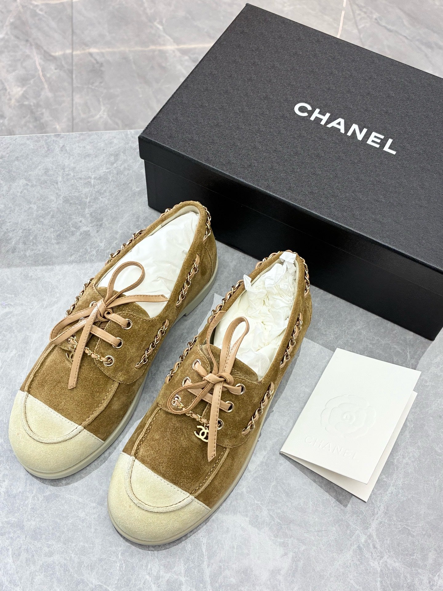 CHANEL 26C Suede Loafers – Brown Suede, White Cap Toe, Chain Detail, Size 37, Brand New