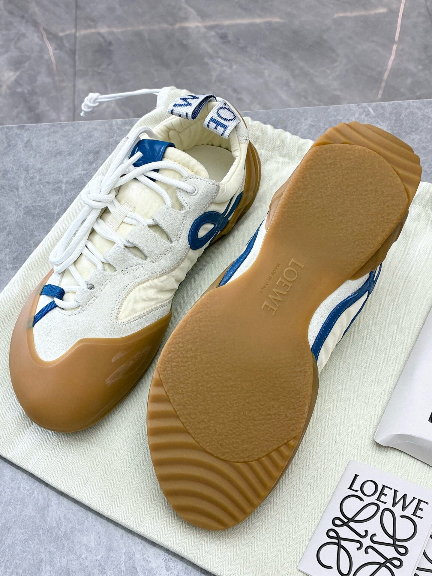 LOEWE Flow Runner – Cream Canvas, Blue Anagram Leather, Gum Rubber Toe, Size 37, Brand New
