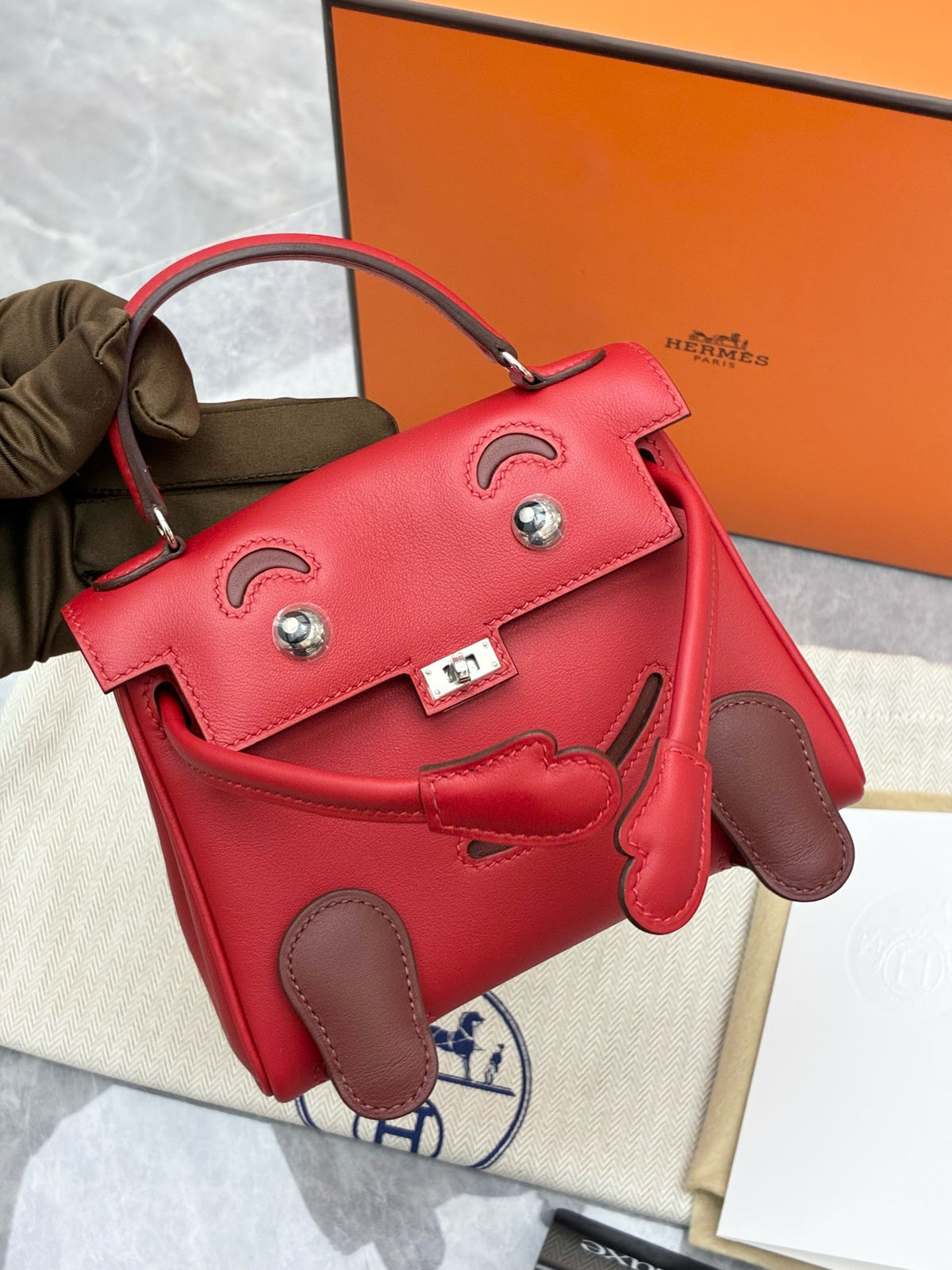 HERMÈS Kelly Doll – Sunshine Red & Rouge Casaque Two-Tone Leather, Palladium Hardware, W Stamp, Brand New
