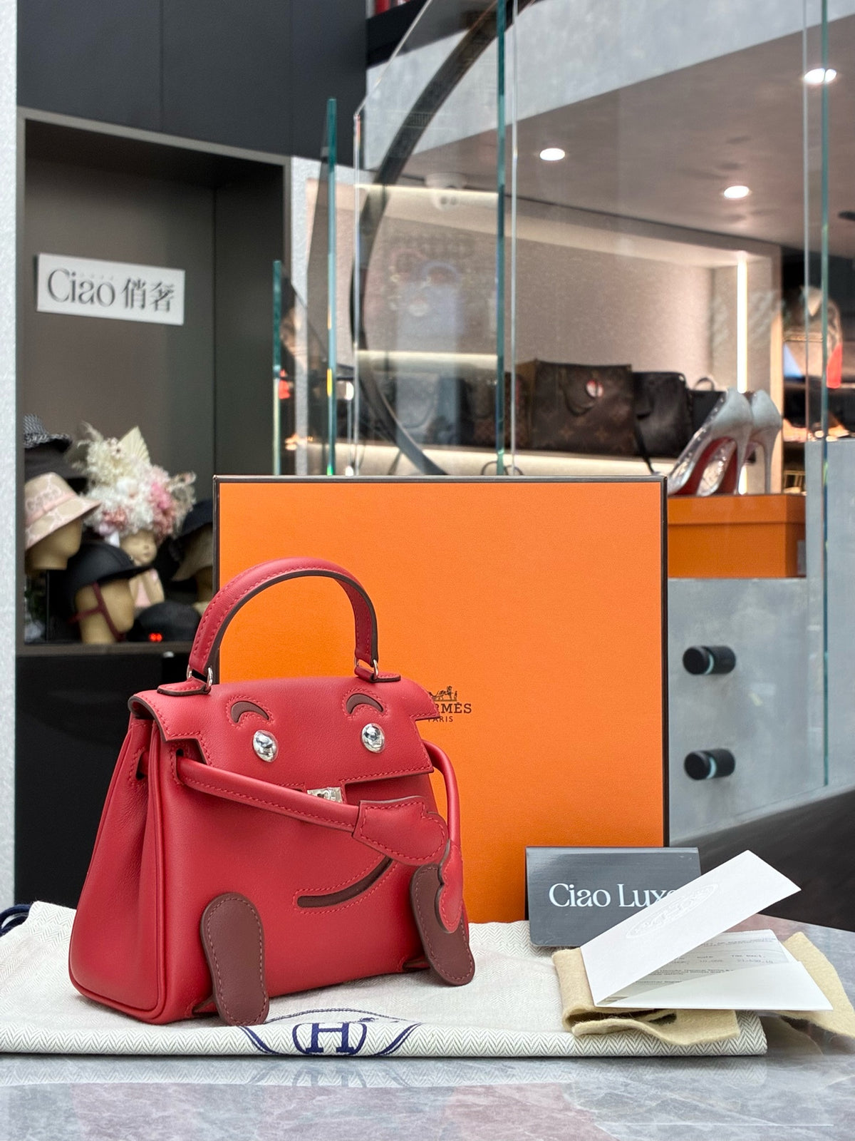 HERMÈS Kelly Doll – Sunshine Red & Rouge Casaque Two-Tone Leather, Palladium Hardware, W Stamp, Brand New
