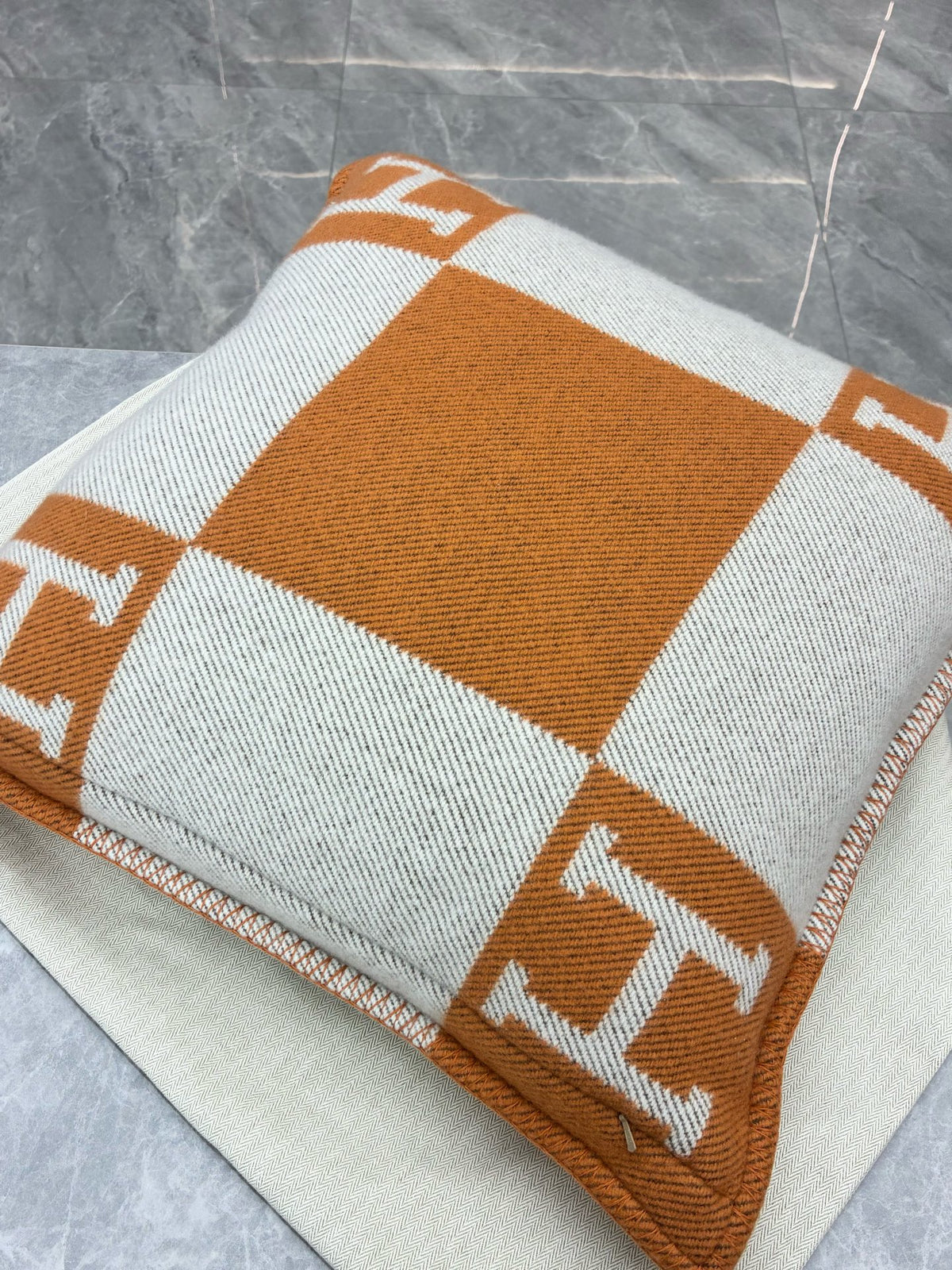 HERMÈS Avalon H Cushion – Orange & Ecru H Motif, Wool-Cashmere, Brand New