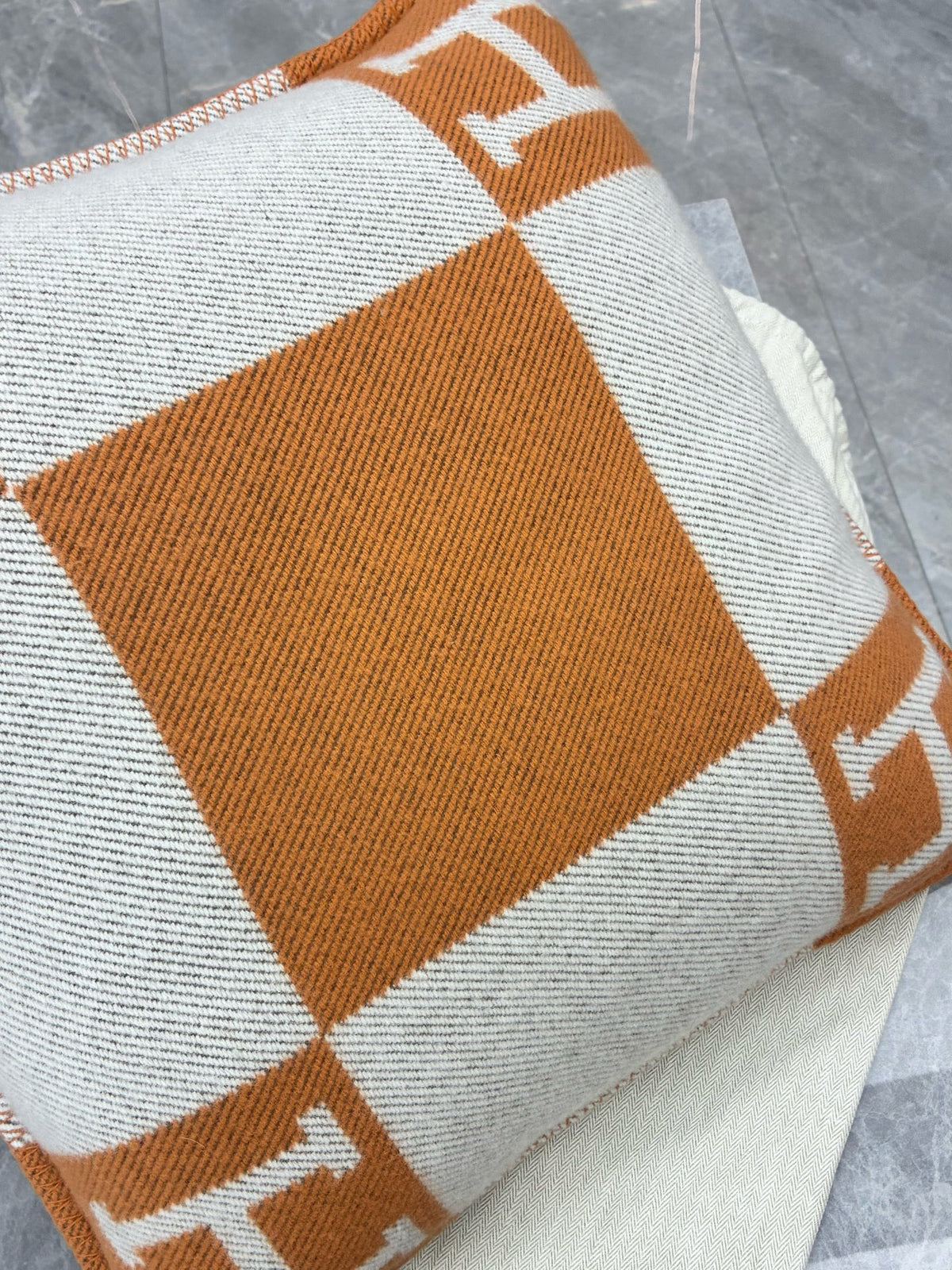 HERMÈS Avalon H Cushion – Orange & Ecru H Motif, Wool-Cashmere, Brand New