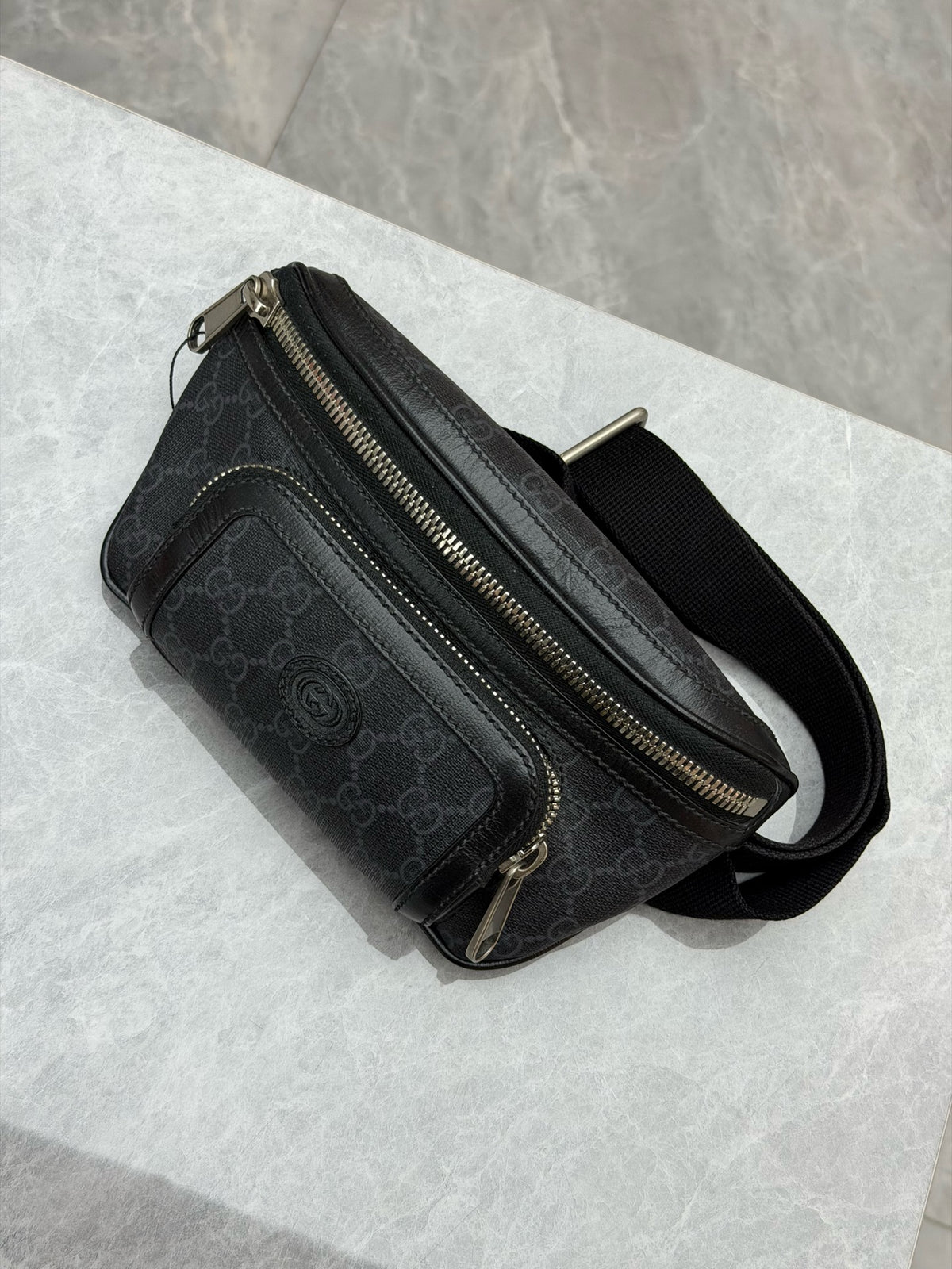 GUCCI Ophidia Belt Bag – Black GG Supreme Canvas with Web Stripe, Good Pre-Owned