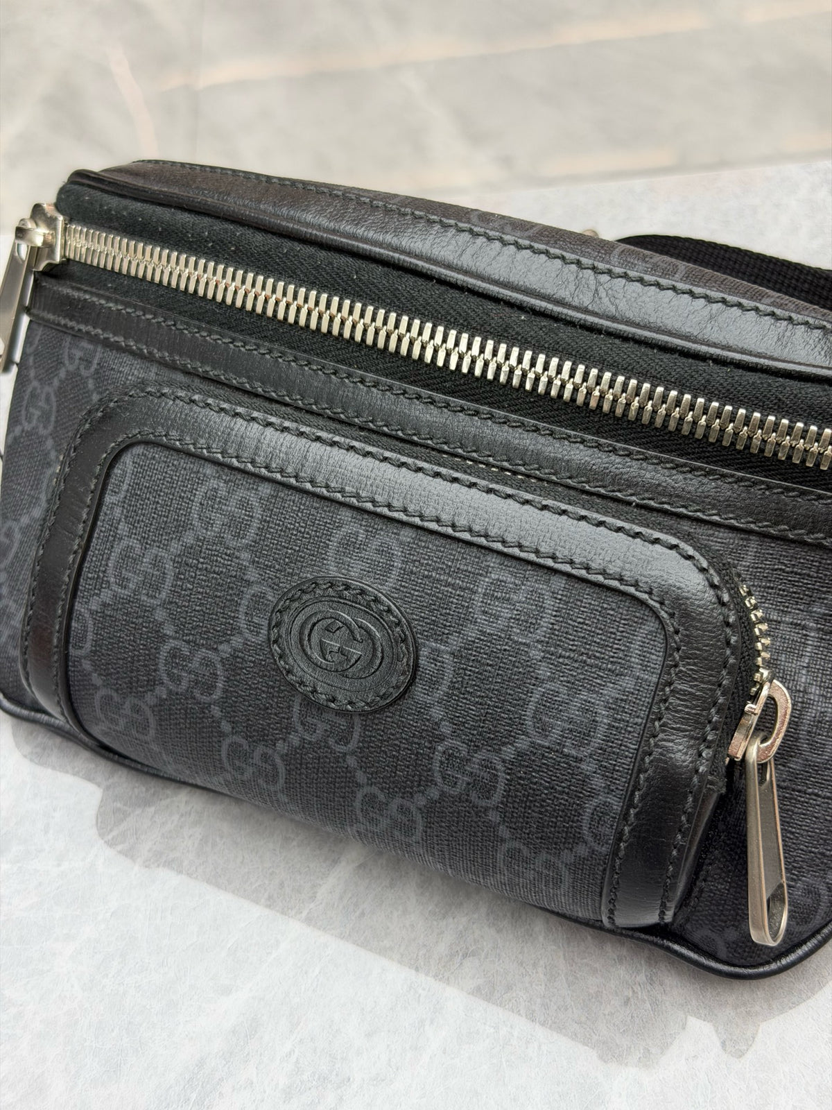 GUCCI Ophidia Belt Bag – Black GG Supreme Canvas with Web Stripe, Good Pre-Owned