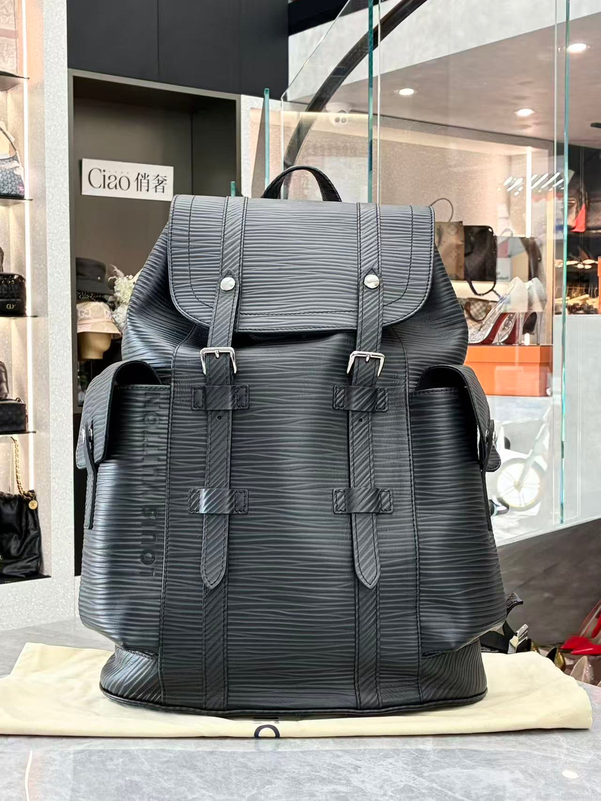 LOUIS VUITTON Christopher MM – Black Epi Leather Backpack, Microchip Era, Good Pre-Owned