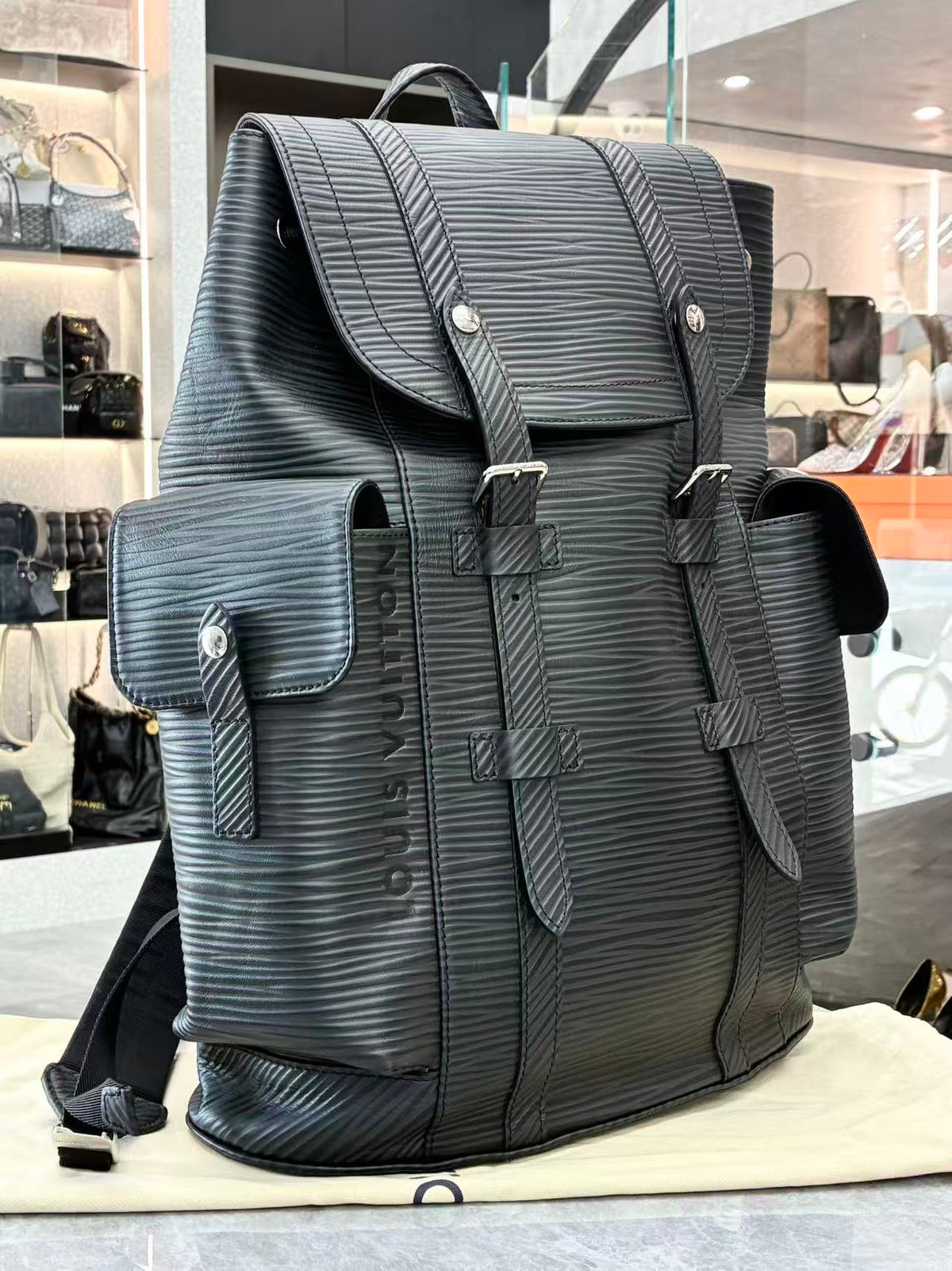 LOUIS VUITTON Christopher MM – Black Epi Leather Backpack, Microchip Era, Good Pre-Owned