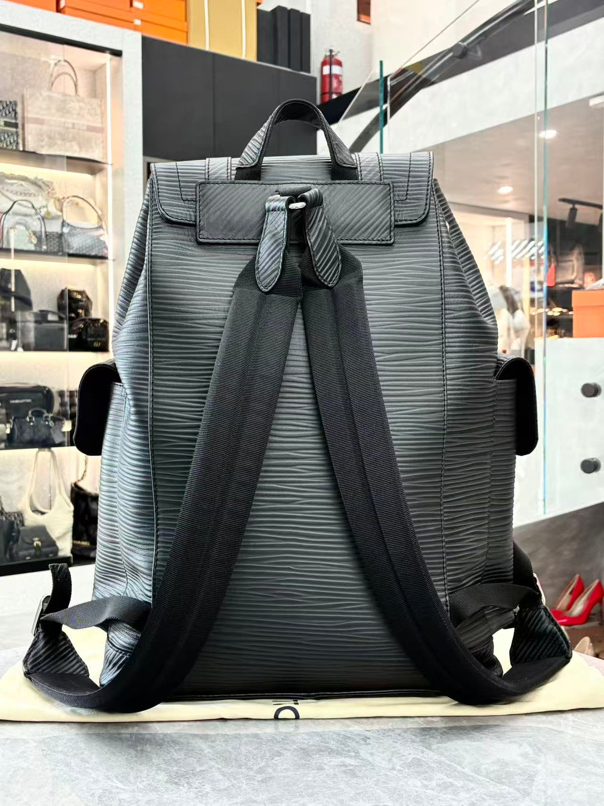 LOUIS VUITTON Christopher MM – Black Epi Leather Backpack, Microchip Era, Good Pre-Owned