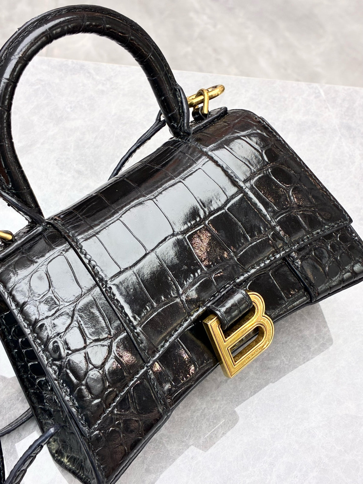BALENCIAGA Hourglass XS – Black Crocodile-Embossed Calfskin, Gold Hardware, Good Pre-Owned