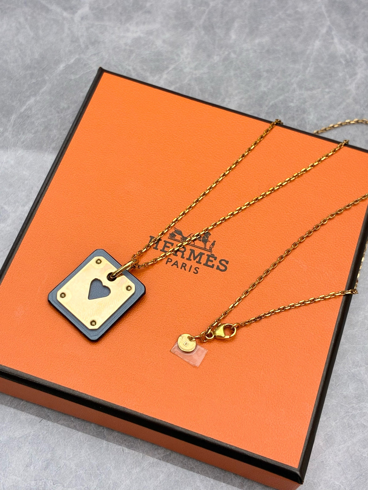HERMÈS As de Coeur Necklace – Rose Gold Heart Pendant on Gold-Brown Leather Cord