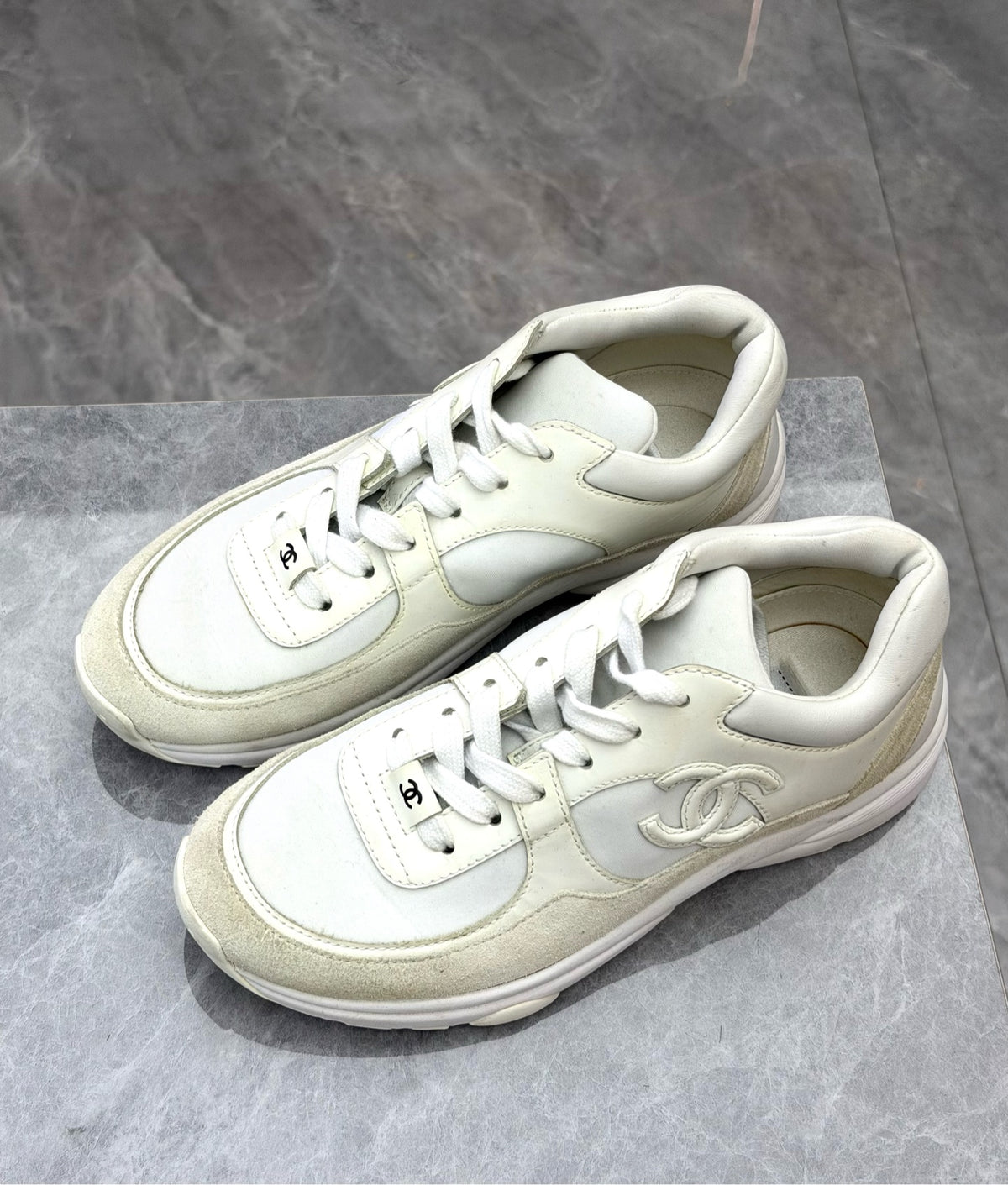 CHANEL CC Sneakers – White Calfskin and Suede, Size 36, Good Pre-Owned