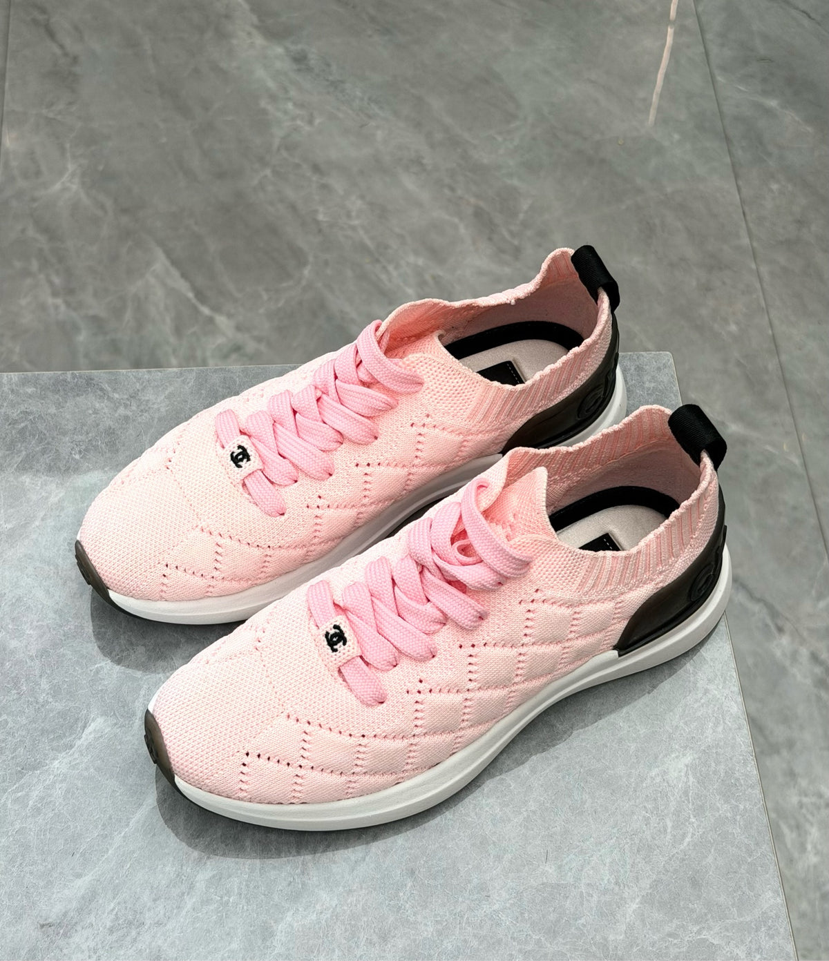 CHANEL Knit Sneakers – Pink Quilted Knit with Black Heel Counter, Size 36, Very Good Pre-Owned