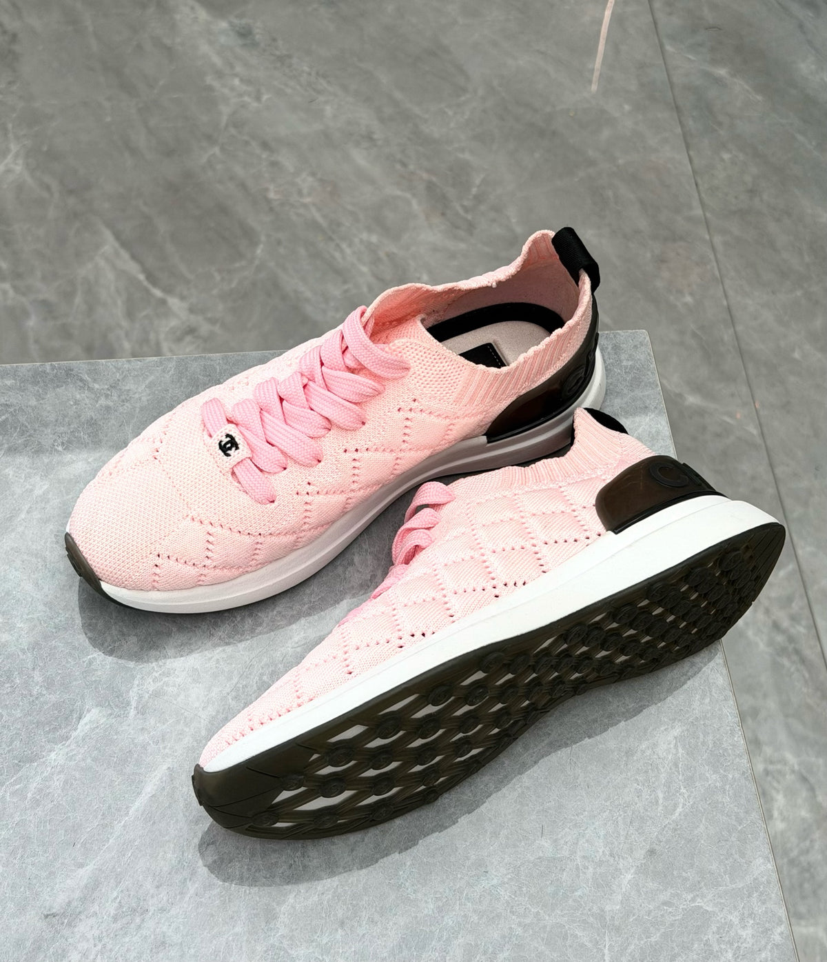 CHANEL Knit Sneakers – Pink Quilted Knit with Black Heel Counter, Size 36, Very Good Pre-Owned