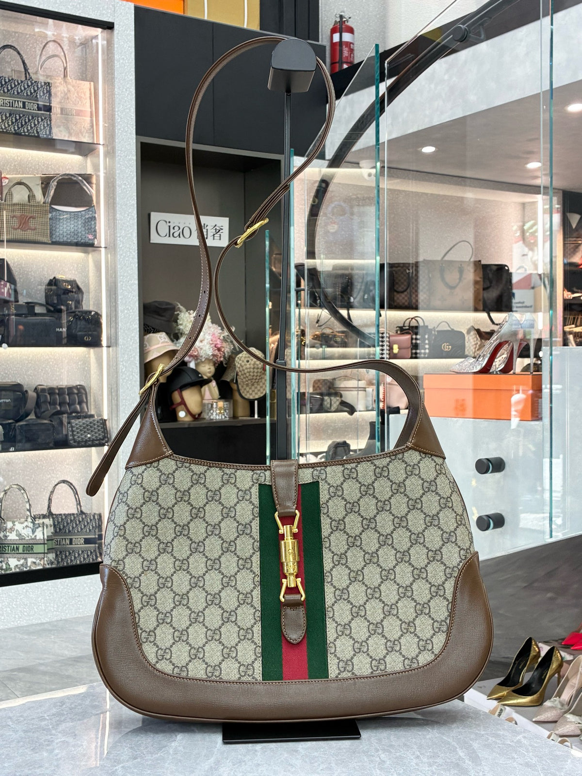 GUCCI Jackie 1961 Medium – Beige GG Supreme Canvas with Brown Leather Trim, Web Stripe, Gold Hardware, Good Pre-Owned