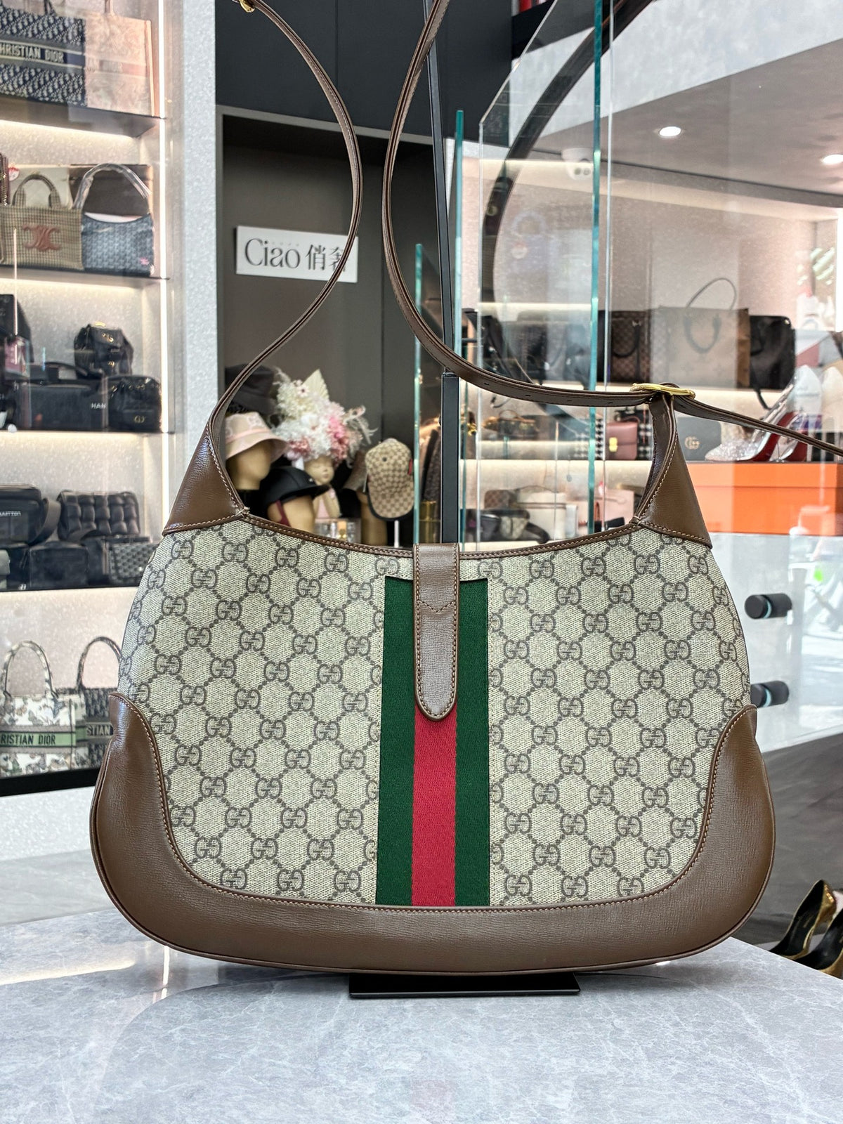 GUCCI Jackie 1961 Medium – Beige GG Supreme Canvas with Brown Leather Trim, Web Stripe, Gold Hardware, Good Pre-Owned