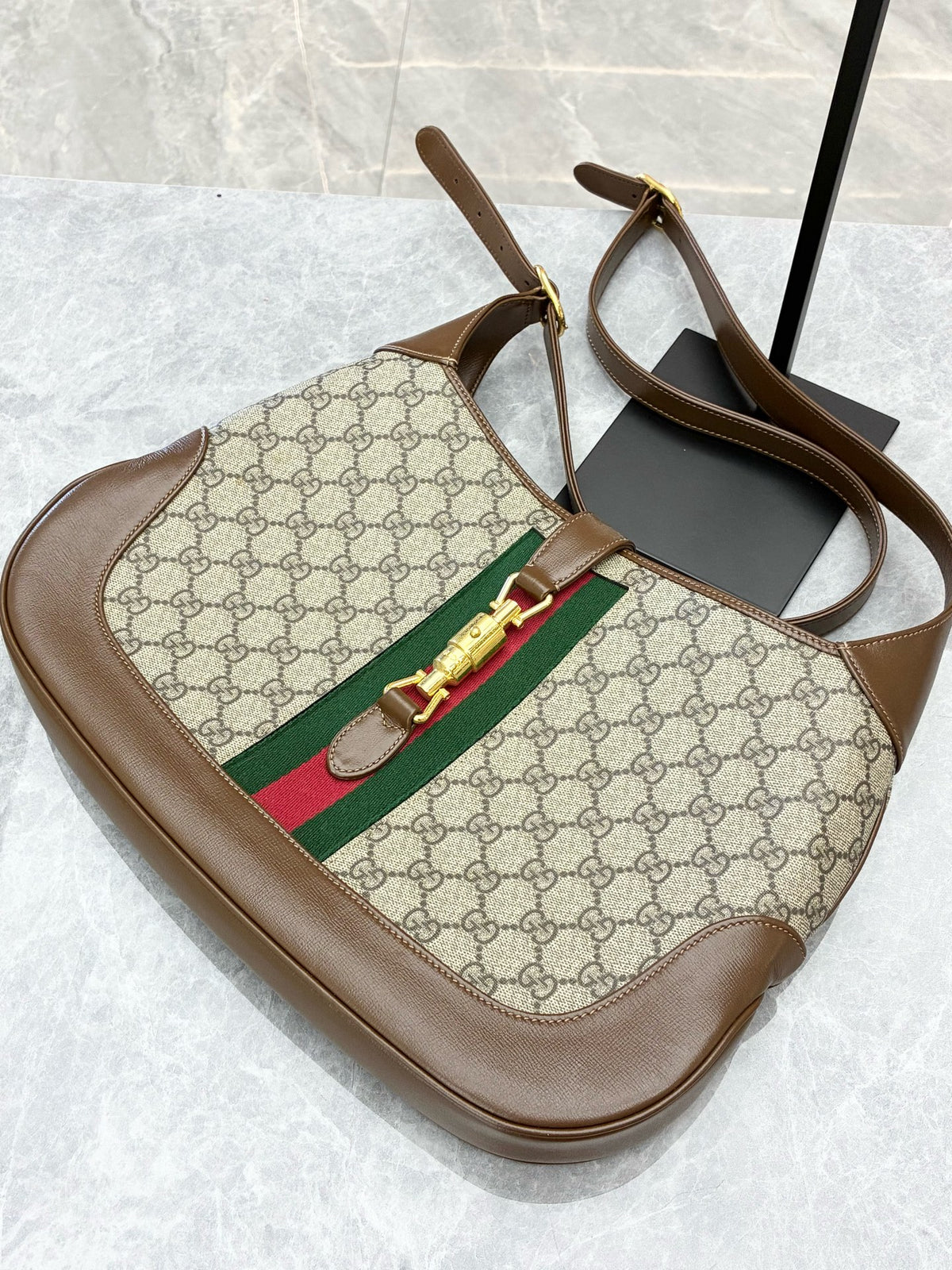 GUCCI Jackie 1961 Medium – Beige GG Supreme Canvas with Brown Leather Trim, Web Stripe, Gold Hardware, Good Pre-Owned