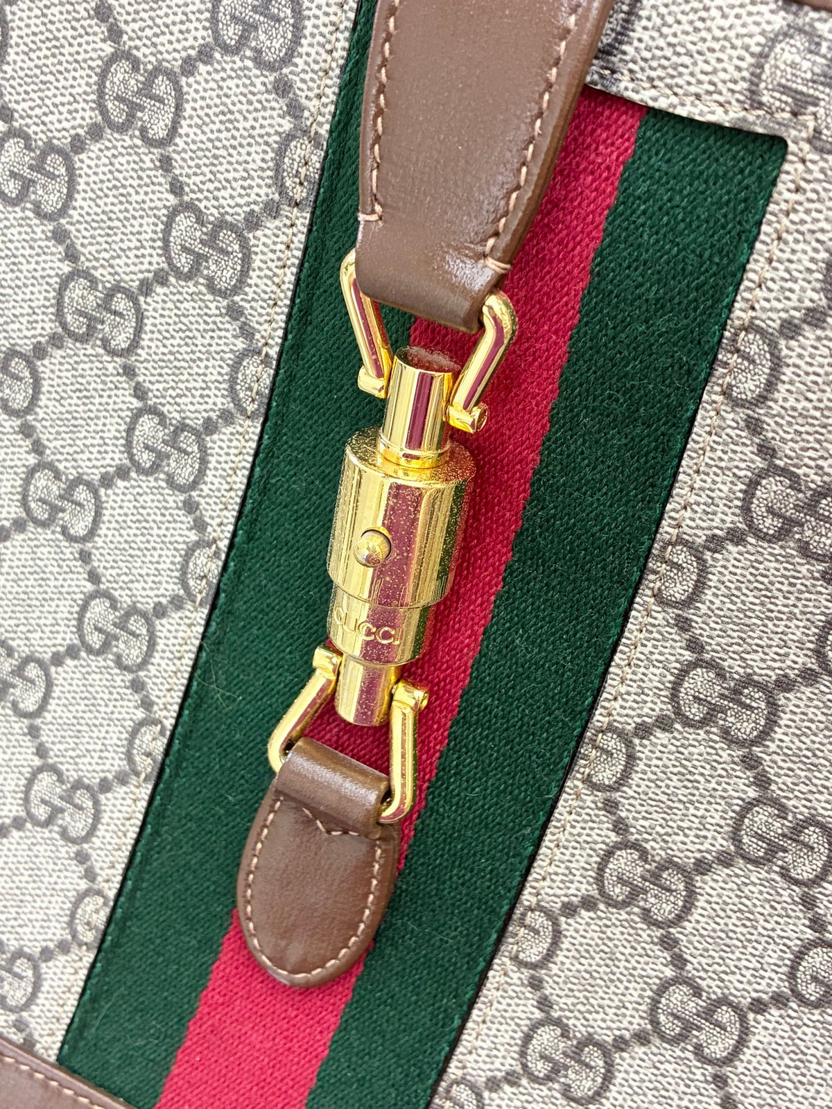 GUCCI Jackie 1961 Medium – Beige GG Supreme Canvas with Brown Leather Trim, Web Stripe, Gold Hardware, Good Pre-Owned