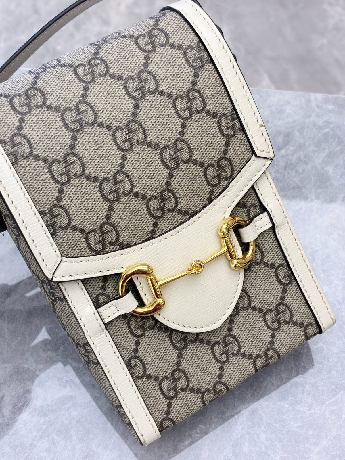 GUCCI Horsebit 1955 Mini Bag – Beige GG Supreme Canvas with White Leather Trim, Gold Hardware, Good Pre-Owned