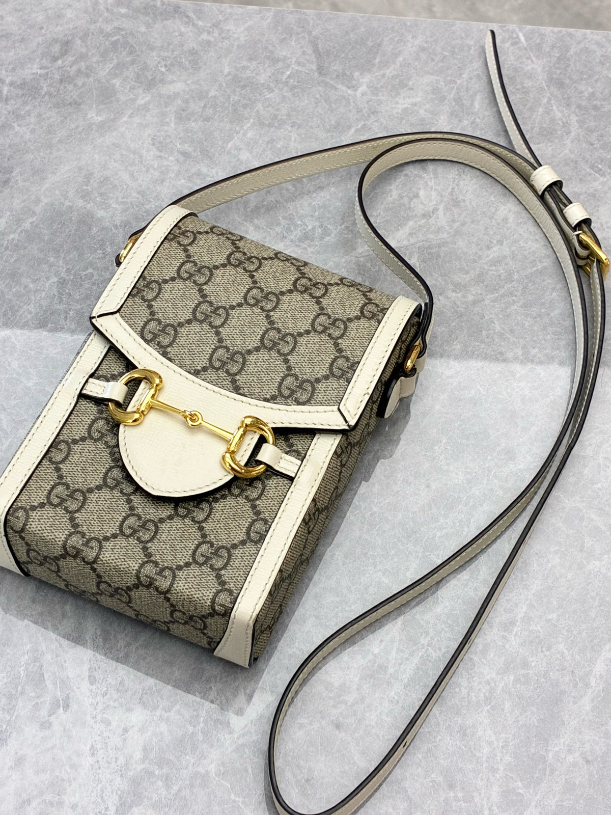 GUCCI Horsebit 1955 Mini Bag – Beige GG Supreme Canvas with White Leather Trim, Gold Hardware, Good Pre-Owned