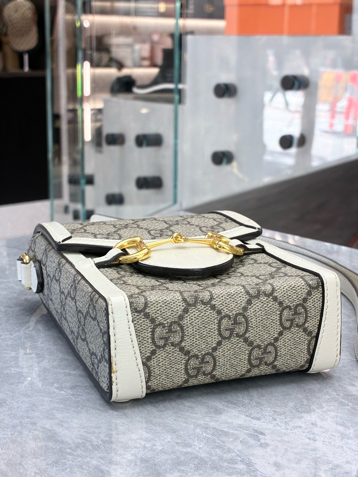GUCCI Horsebit 1955 Mini Bag – Beige GG Supreme Canvas with White Leather Trim, Gold Hardware, Good Pre-Owned