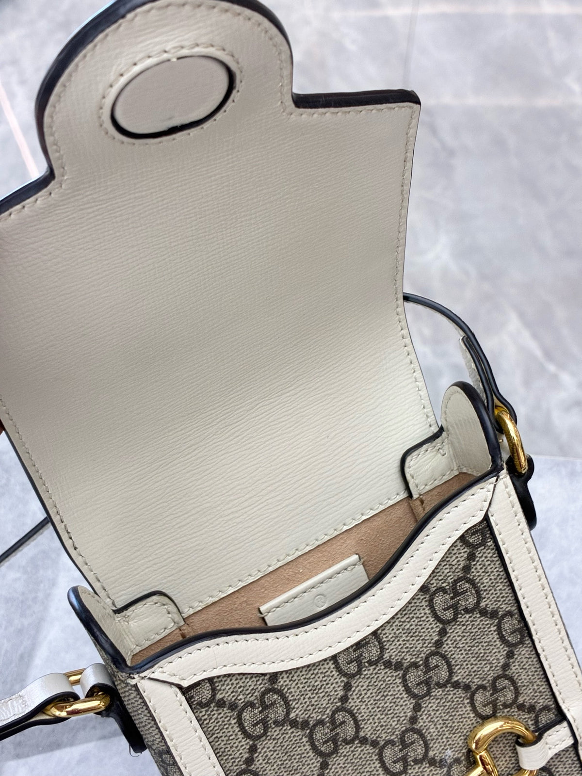 GUCCI Horsebit 1955 Mini Bag – Beige GG Supreme Canvas with White Leather Trim, Gold Hardware, Good Pre-Owned