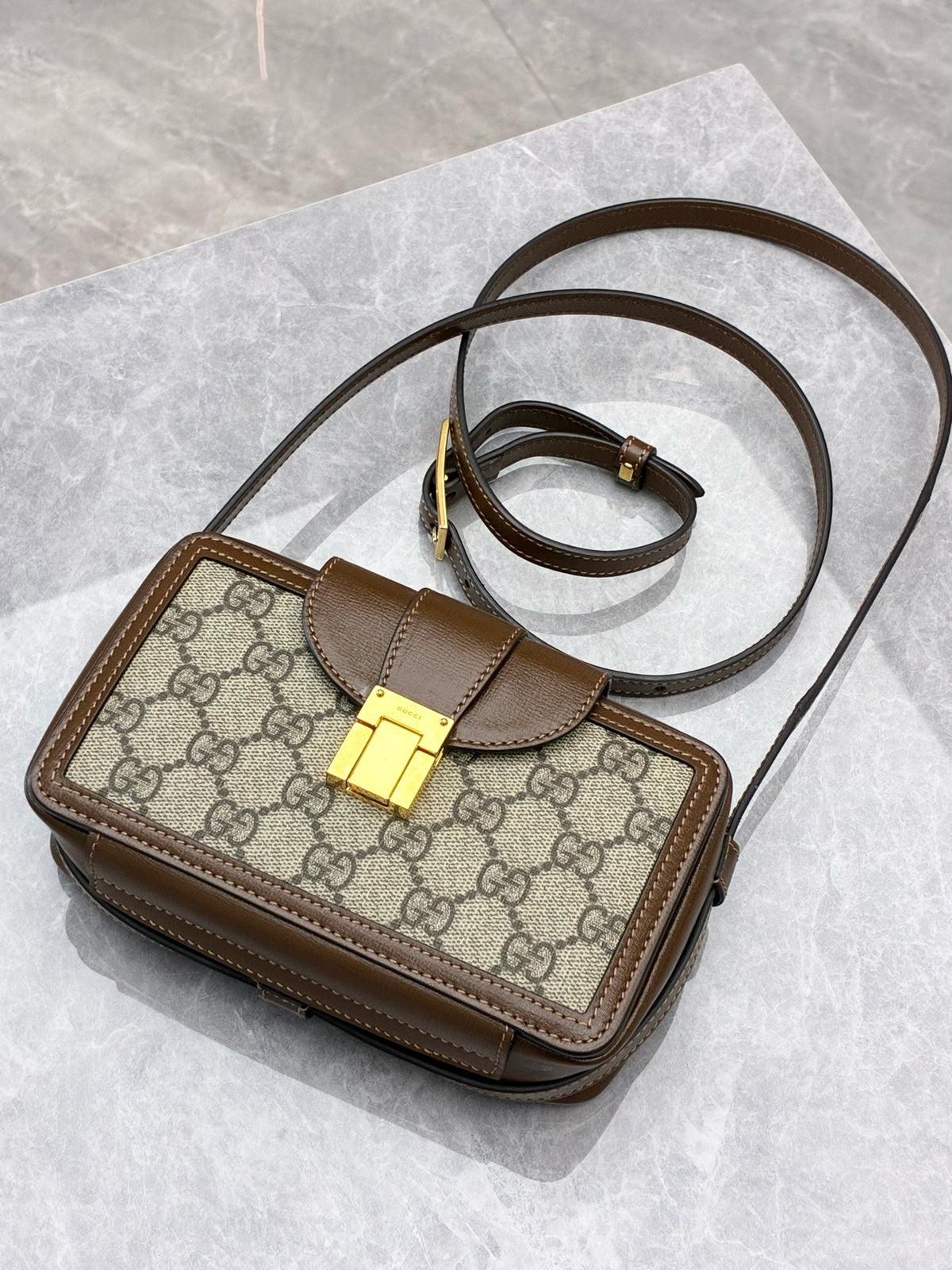 GUCCI Mini Box Bag – Beige GG Supreme Canvas with Brown Leather Trim, Gold Padlock, Excellent Pre-Owned