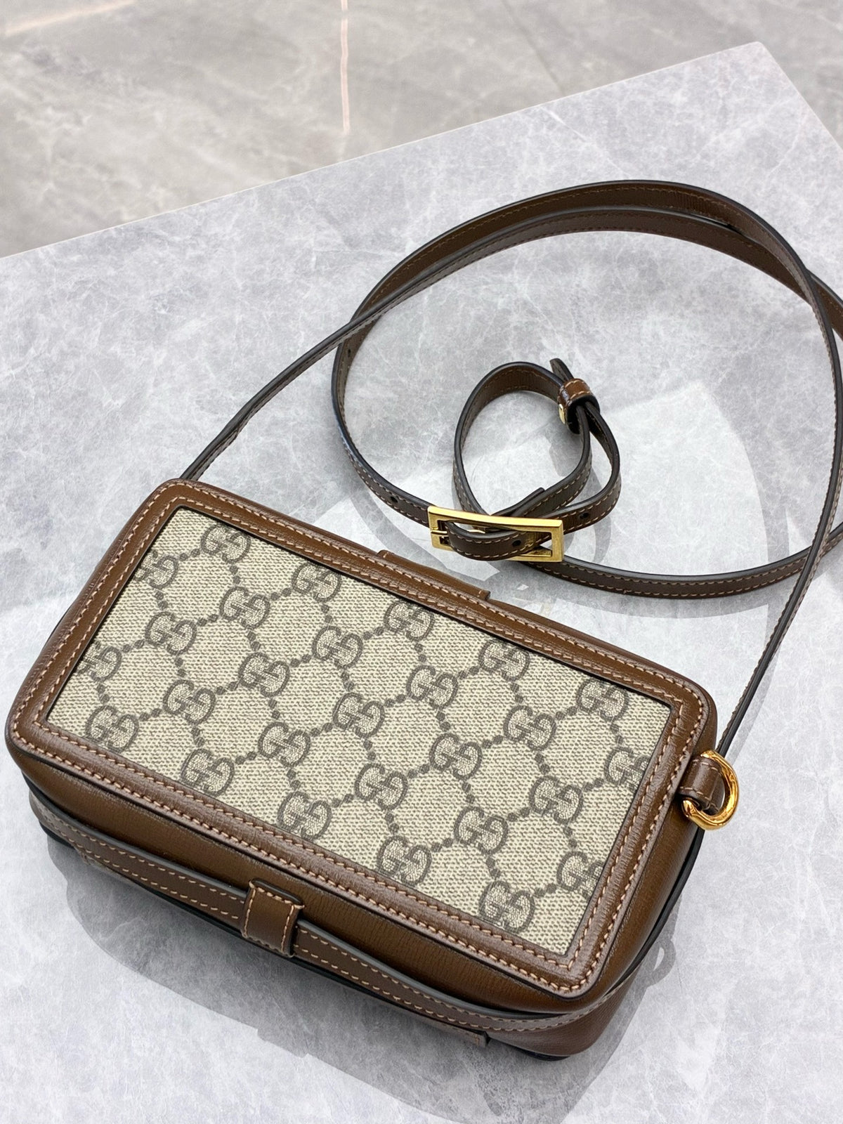 GUCCI Mini Box Bag – Beige GG Supreme Canvas with Brown Leather Trim, Gold Padlock, Excellent Pre-Owned