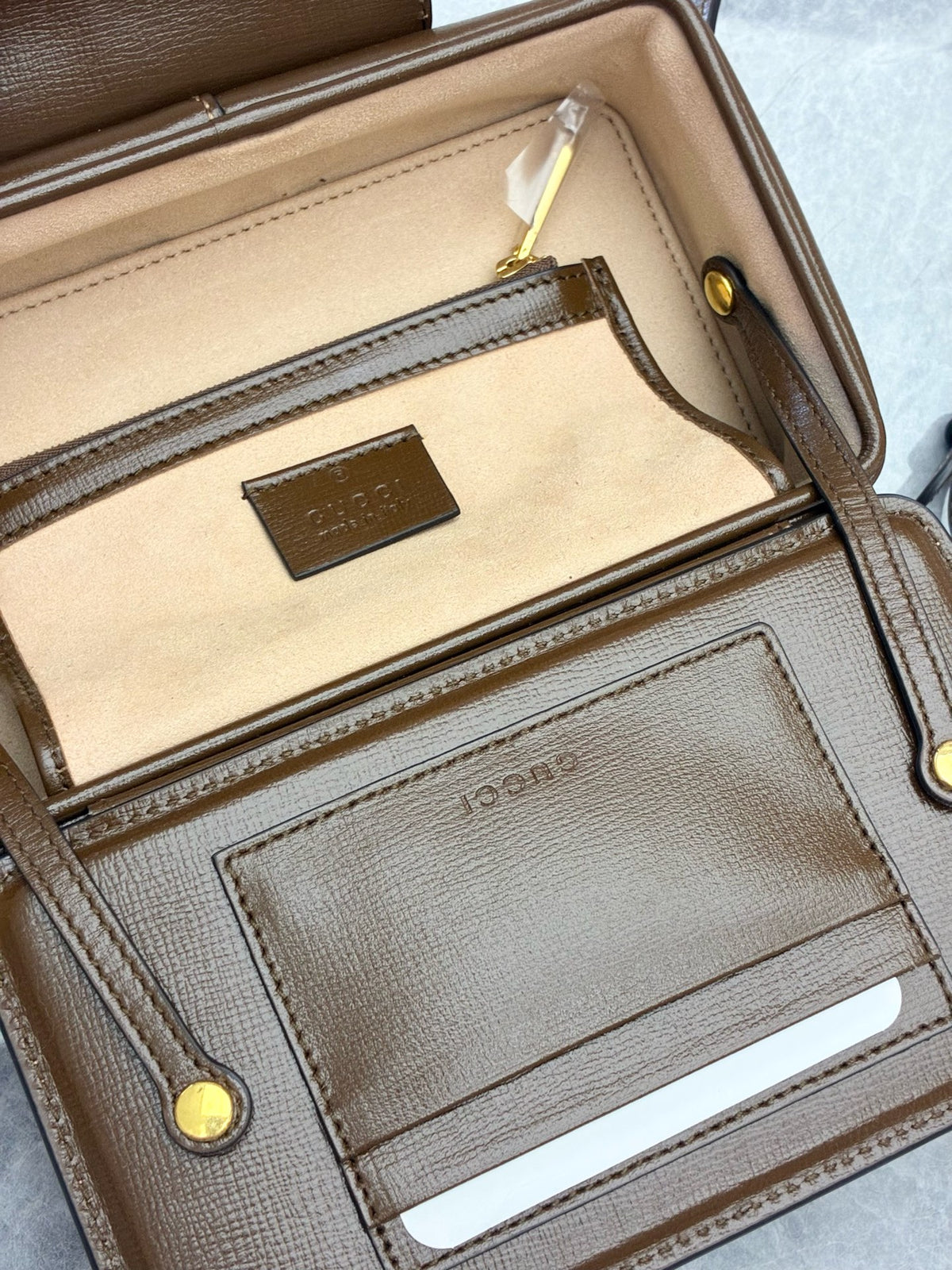 GUCCI Mini Box Bag – Beige GG Supreme Canvas with Brown Leather Trim, Gold Padlock, Excellent Pre-Owned