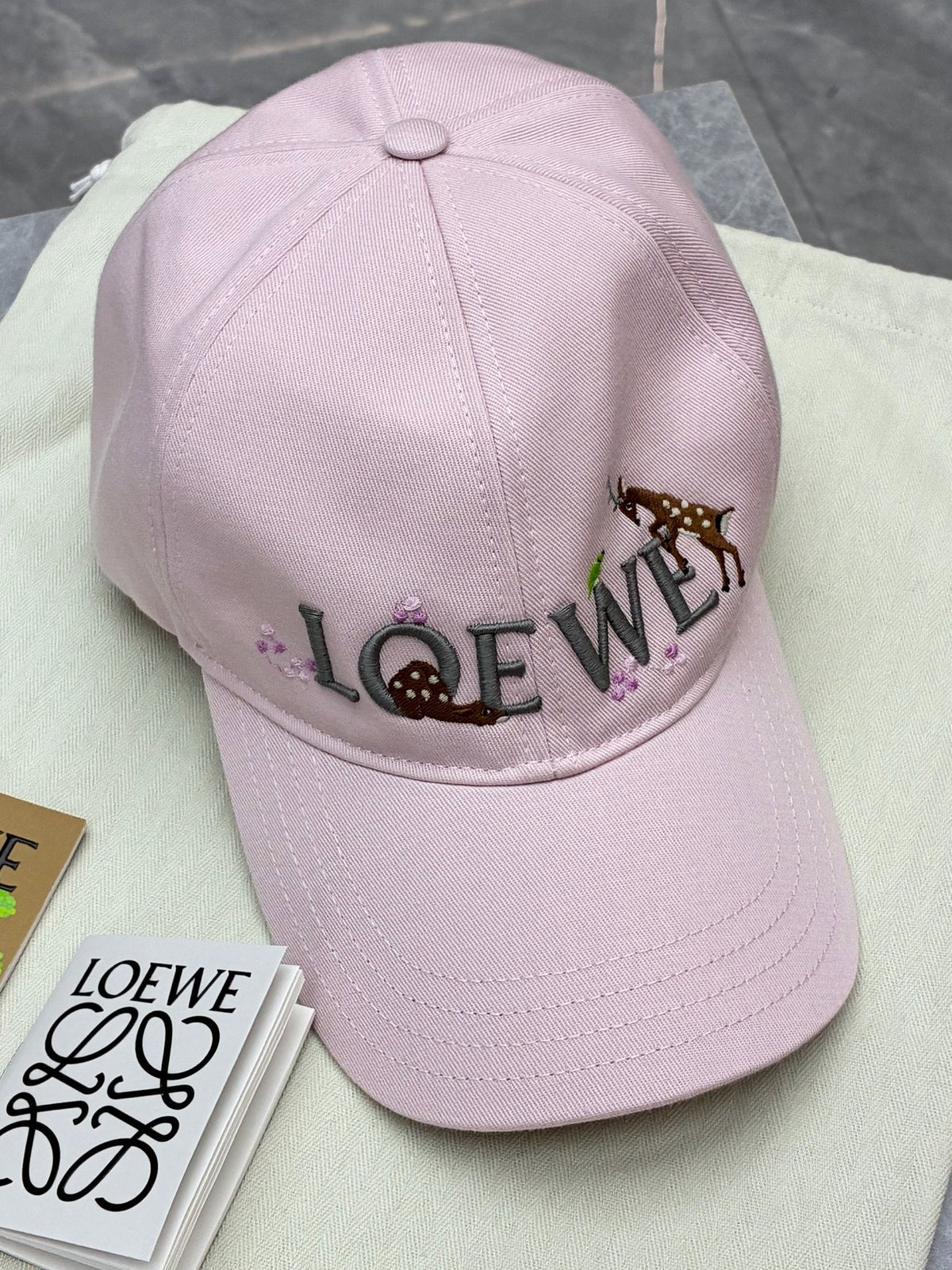 LOEWE x Suna Fujita Baseball Cap – Pink Cotton with Fawn Embroidery, Size L, Brand New