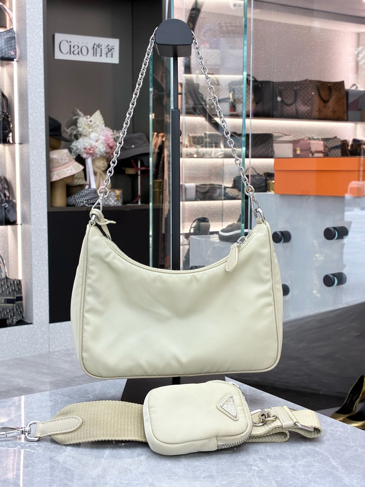 PRADA Re-Nylon Hobo Bag – Milk Tea Nylon with Silver Chain and Woven Strap, Convertible, Good Pre-Owned
