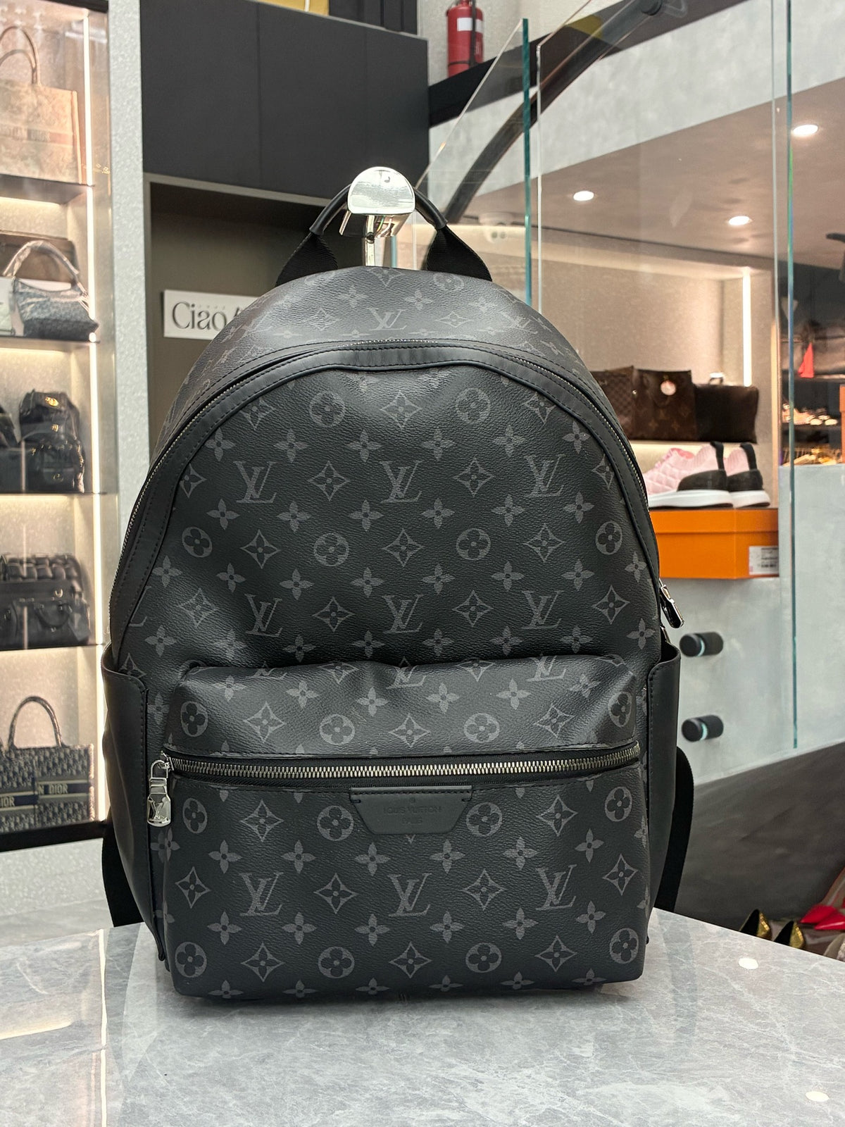 LOUIS VUITTON Discovery Microchip Backpack – Black Monogram Coated Canvas with Black Calfskin, Good Pre-Owned