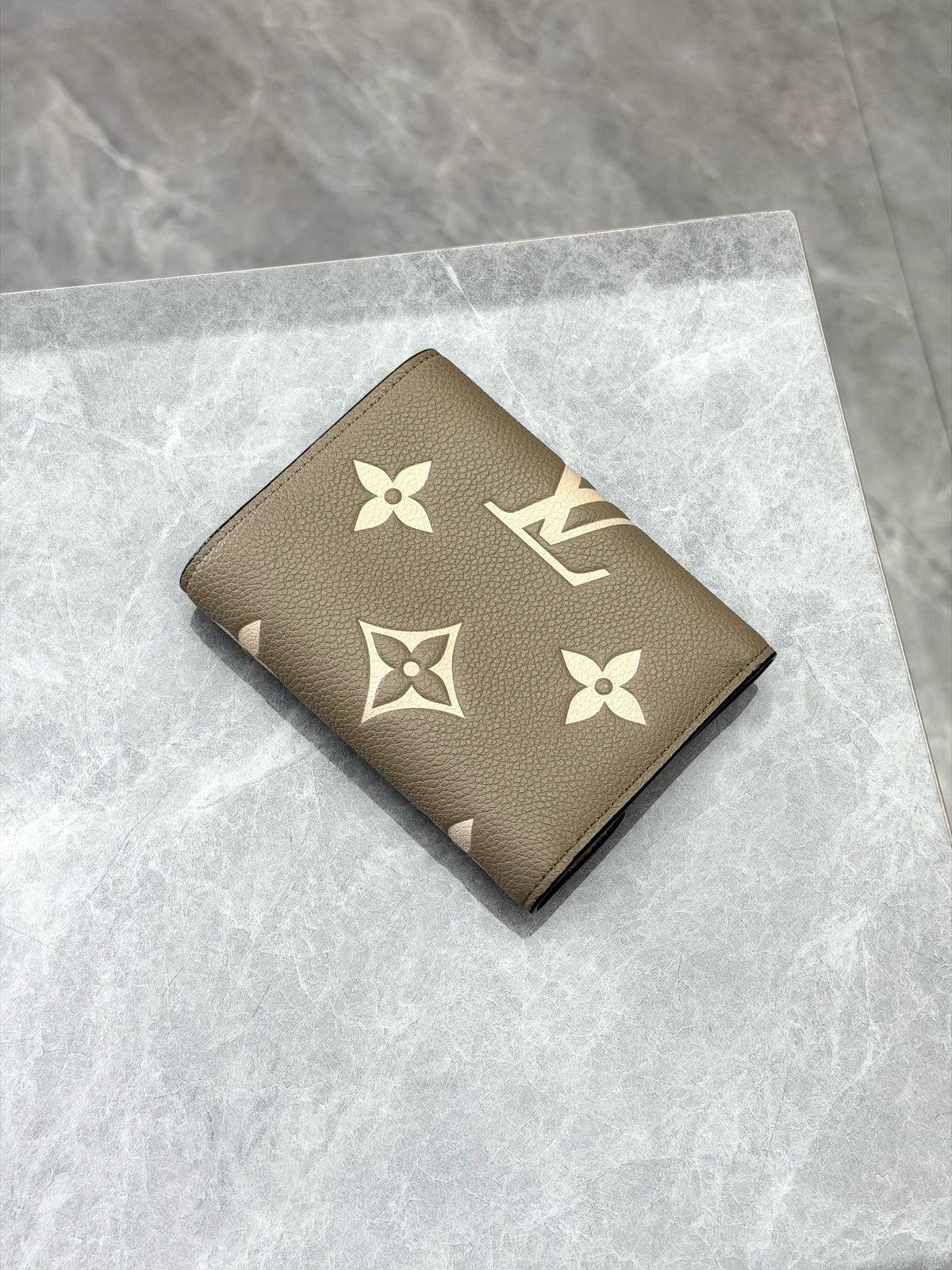 LOUIS VUITTON Victorine Trifold Wallet – Elephant Grey Monogram Empreinte with Gold-Tone Snap, Good Pre-Owned