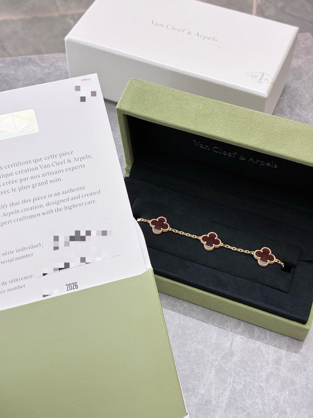 VAN CLEEF & ARPELS Vintage Alhambra Bracelet – Five Motifs in Pink Enamel with Beaded Gold Rims, Brand New