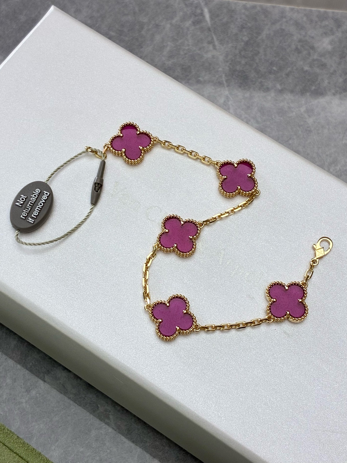 VAN CLEEF & ARPELS Vintage Alhambra Bracelet – Five Motifs in Pink Enamel with Beaded Gold Rims, Brand New
