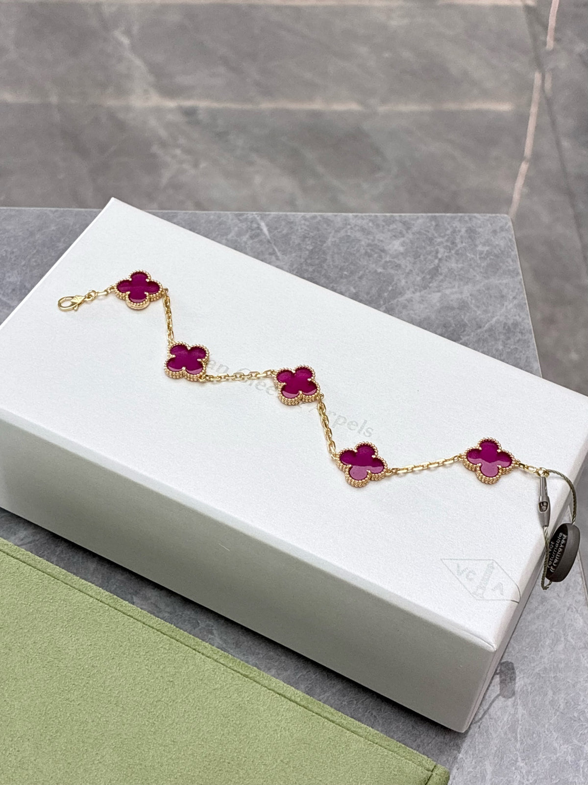 VAN CLEEF & ARPELS Vintage Alhambra Bracelet – Five Motifs in Pink Enamel with Beaded Gold Rims, Brand New