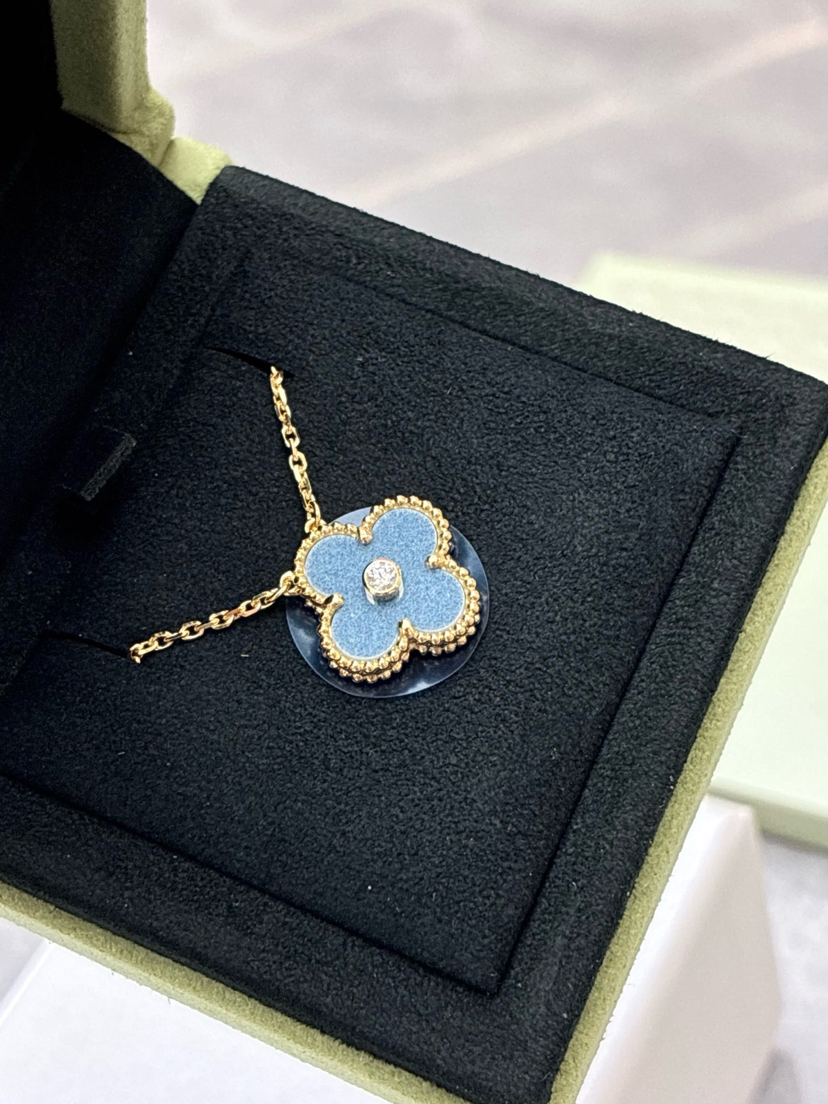 VAN CLEEF & ARPELS Holiday Limited Edition 2026 Alhambra Pendant – Blue-Grey Ceramic with Gold and Diamond Rim, Brand New