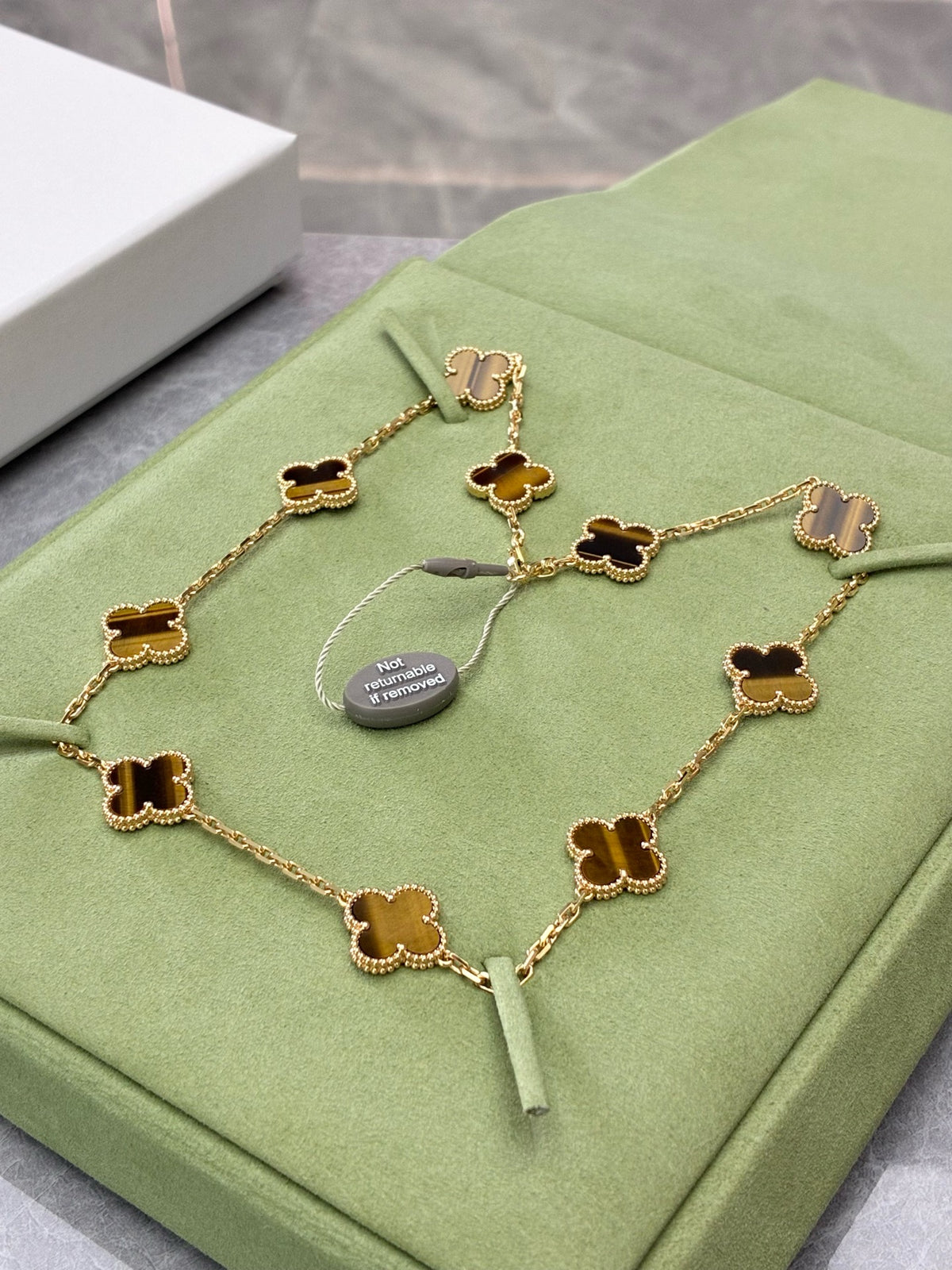 VAN CLEEF & ARPELS Vintage Alhambra Necklace – Ten Motifs in Tiger's Eye with Beaded Gold Rims, Brand New