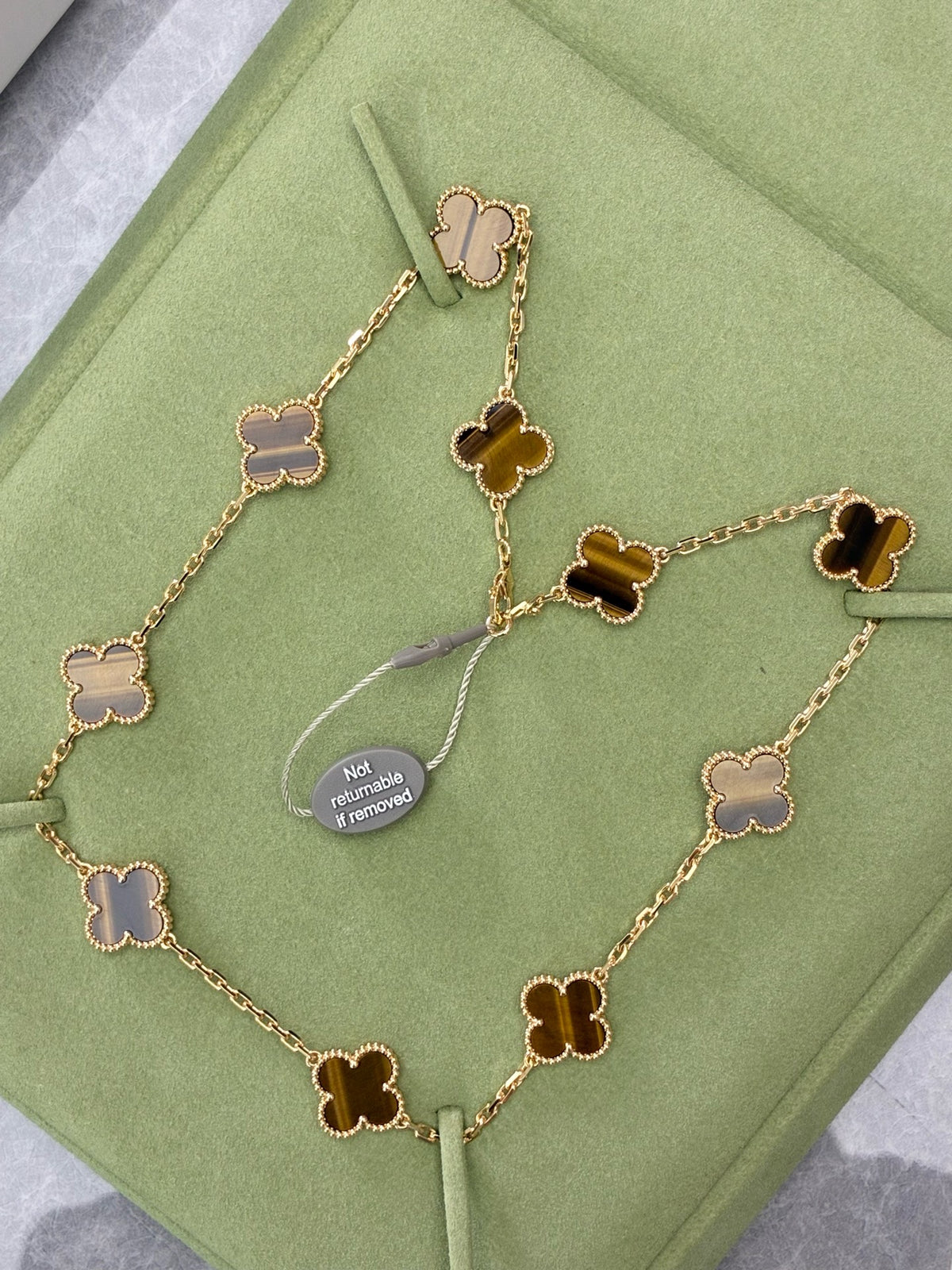 VAN CLEEF & ARPELS Vintage Alhambra Necklace – Ten Motifs in Tiger's Eye with Beaded Gold Rims, Brand New