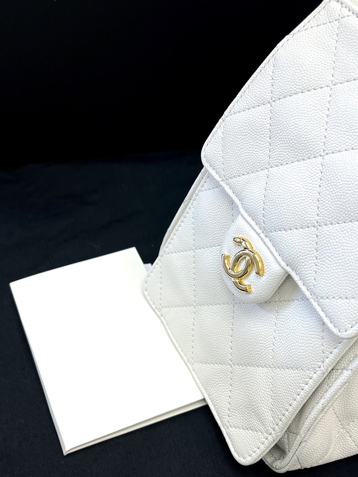 CHANEL 25 Bag Small – White Caviar Quilted Calfskin with Gold-Tone CC Hardware, Microchip Era, Brand New