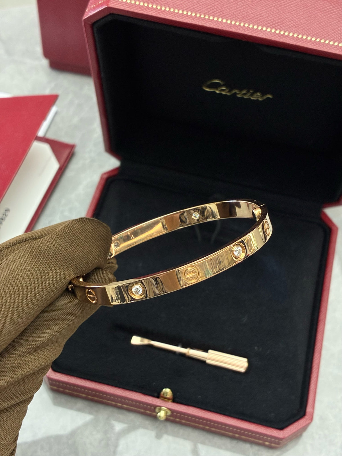 CARTIER Love Bracelet – 18K Rose Gold with Four Diamonds, Size 18, Excellent Pre-Owned