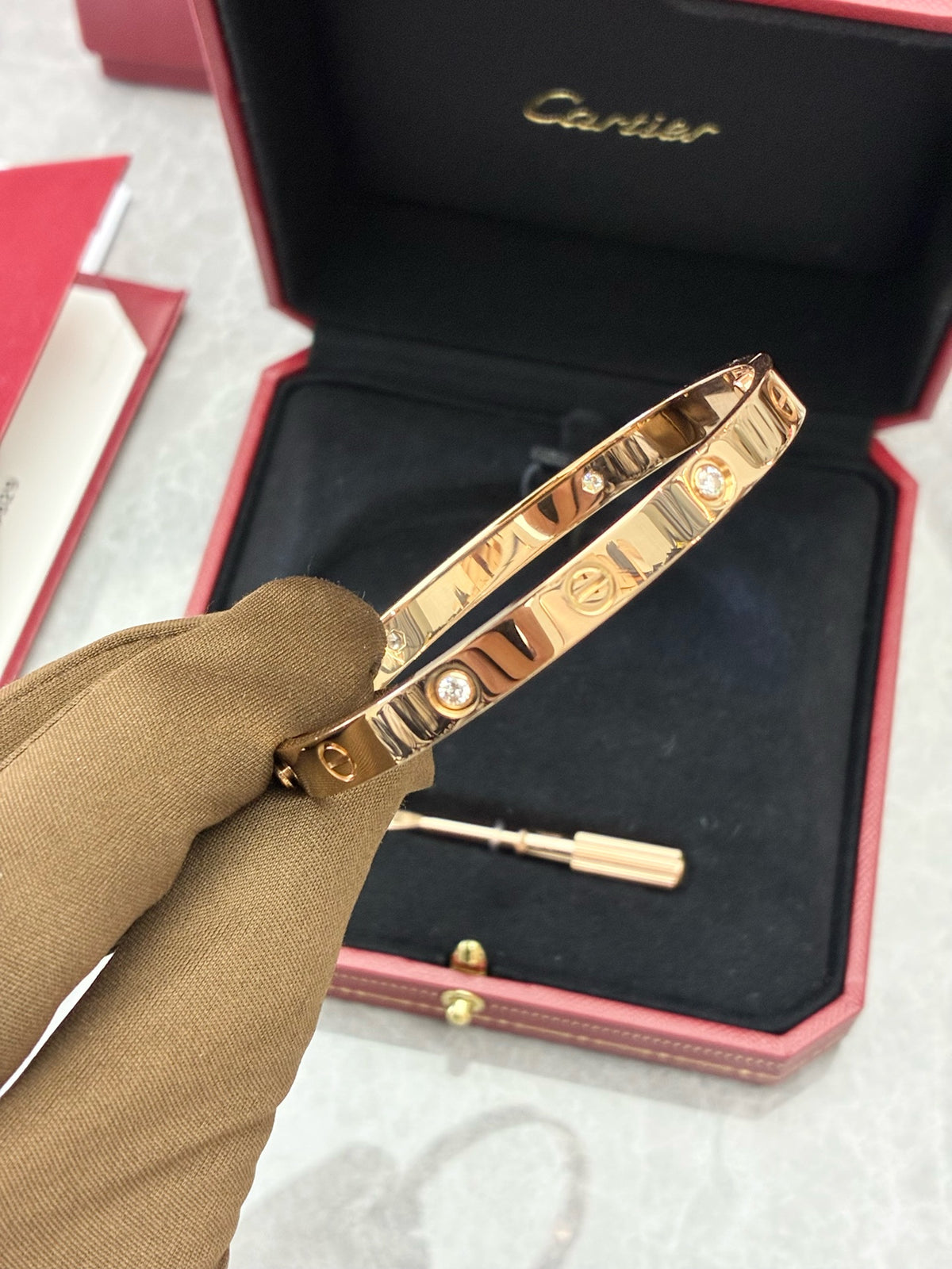 CARTIER Love Bracelet – 18K Rose Gold with Four Diamonds, Size 18, Excellent Pre-Owned
