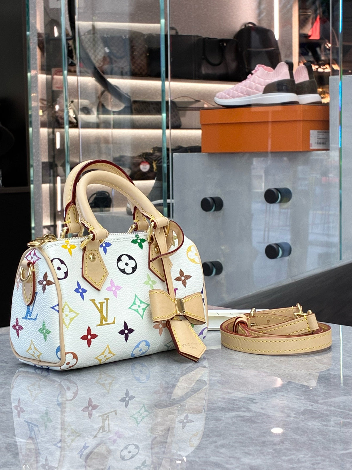LOUIS VUITTON Nano Speedy – White Monogram Multicolore Canvas with Vachetta Handles, Microchip Era, 99% New