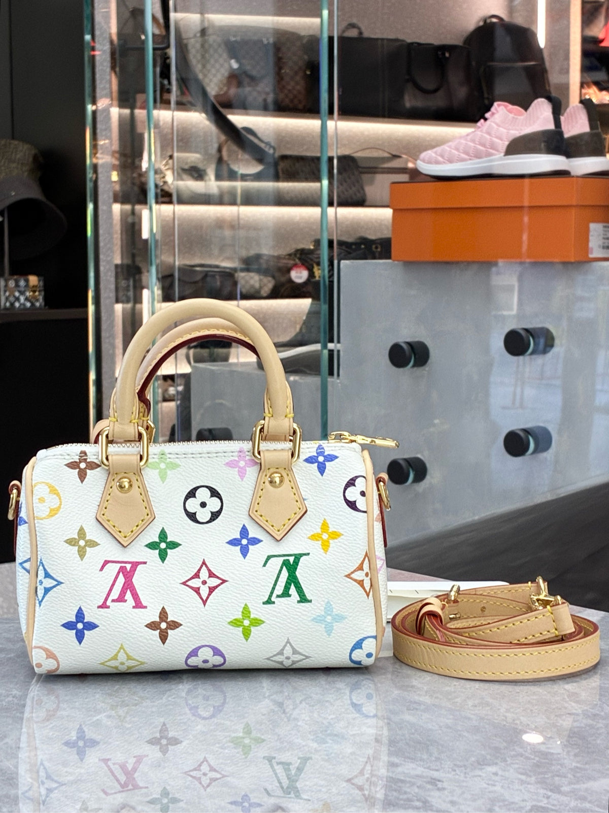 LOUIS VUITTON Nano Speedy – White Monogram Multicolore Canvas with Vachetta Handles, Microchip Era, 99% New