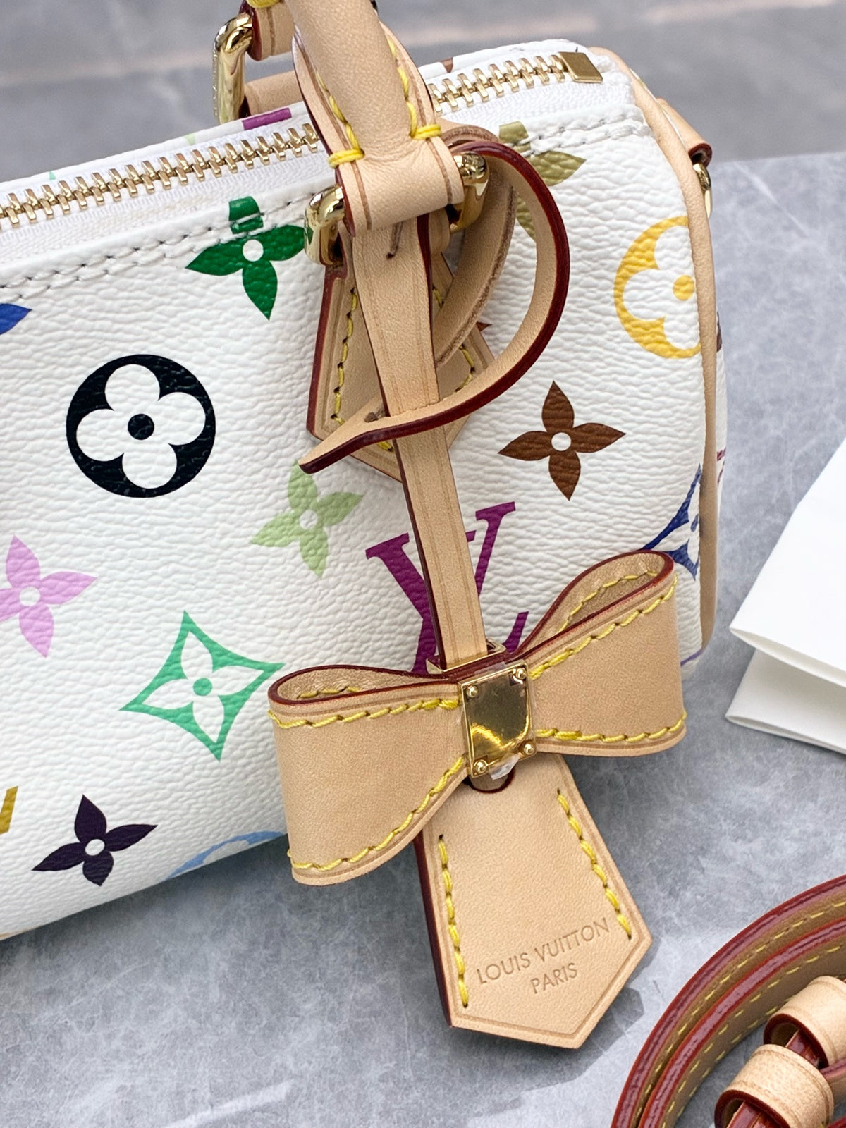 LOUIS VUITTON Nano Speedy – White Monogram Multicolore Canvas with Vachetta Handles, Microchip Era, 99% New