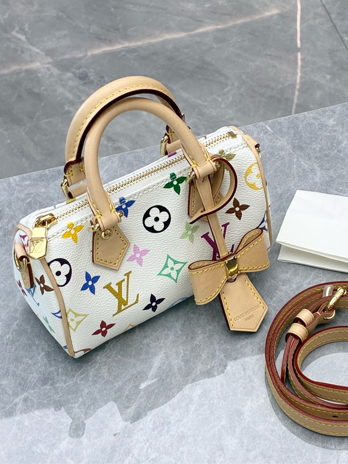 LOUIS VUITTON Nano Speedy – White Monogram Multicolore Canvas with Vachetta Handles, Microchip Era, 99% New