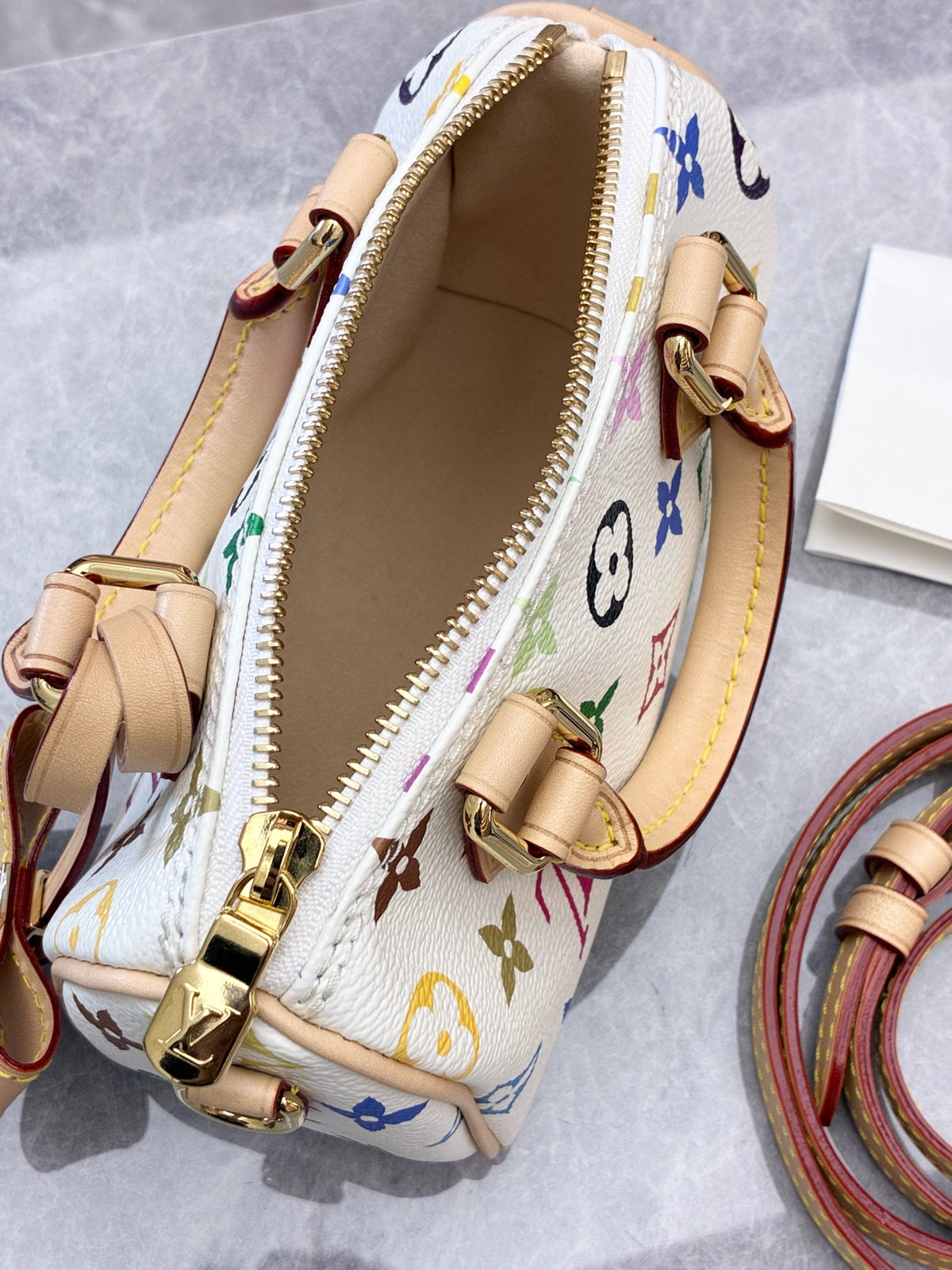 LOUIS VUITTON Nano Speedy – White Monogram Multicolore Canvas with Vachetta Handles, Microchip Era, 99% New