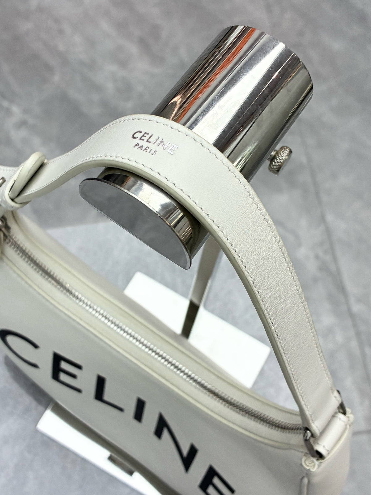 CELINE Ava Shoulder Bag – White Calfskin with Large Black CELINE Logo, Good Pre-Owned