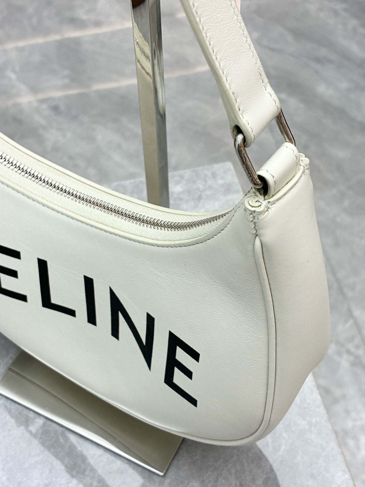 CELINE Ava Shoulder Bag – White Calfskin with Large Black CELINE Logo, Good Pre-Owned